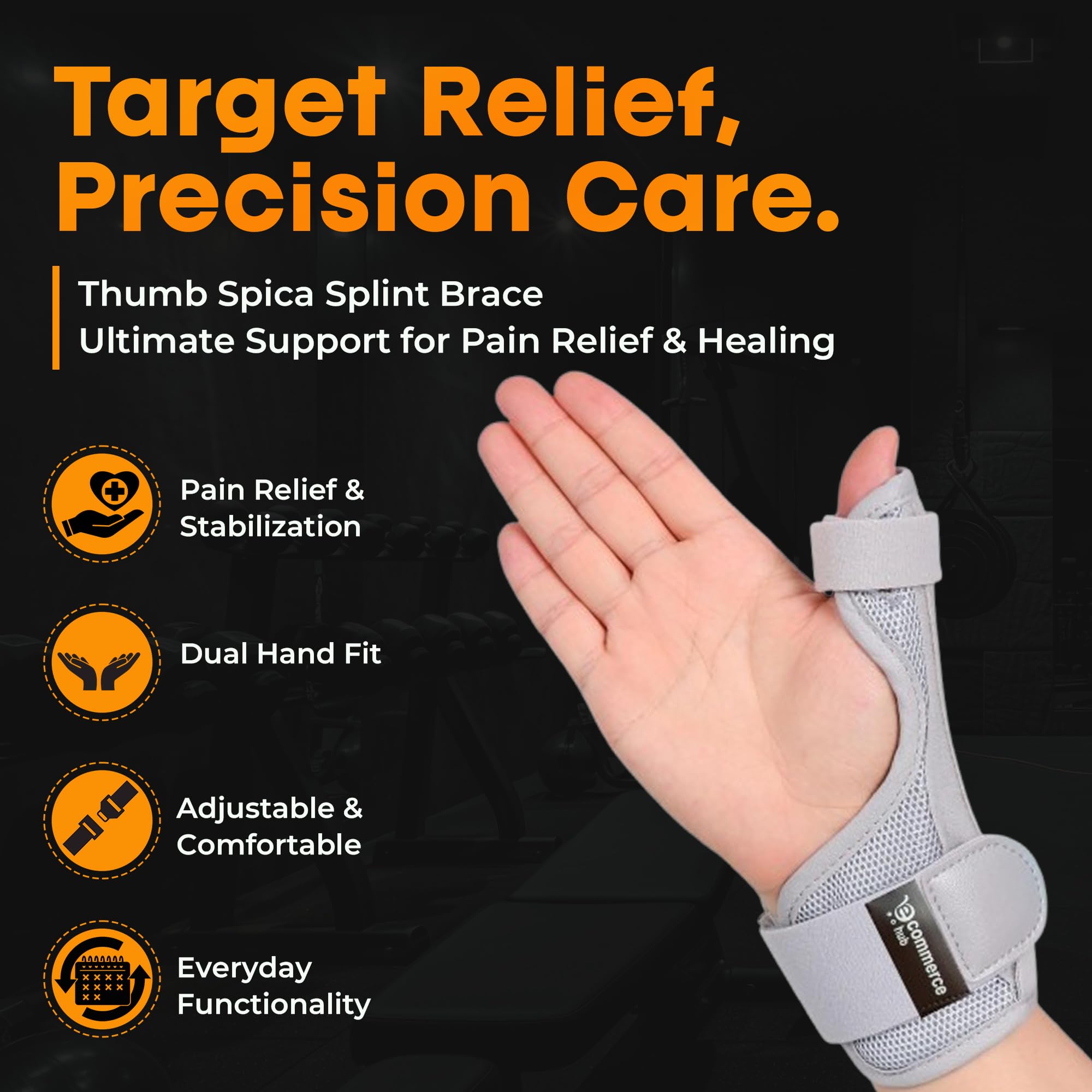 EcommerceHub Thumb Spica Splint Brace, Hand Support, Thump Stabiliser for Pain, Sprains, Strains, Tendonitis, Soft Tissue Injuries, Carpal Tunnel & Trigger Thumb Immobilizer, FIT IN BOTH HAND, 1PC 1