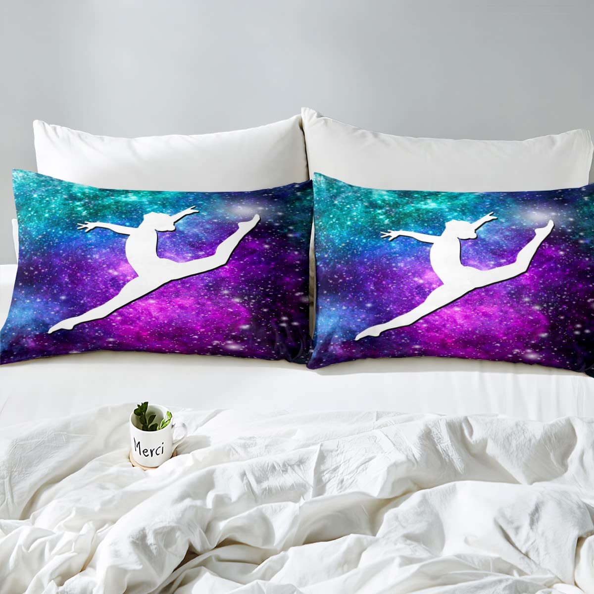 Homemissing Set copripiumino da ginnastica con glitter, per bambini, ragazzi, ragazze, spazio esterno, con motivo galassia e copriletto, in microfibra, colore: blu e viola