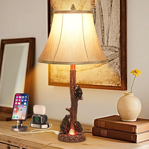 Miniatura 2 de Lámpara de mesa clásica rústica con tres osos negros alrededor de la hoguera, 25.59 de altura, luz de fogata regulable de 3 niveles, alimentado por