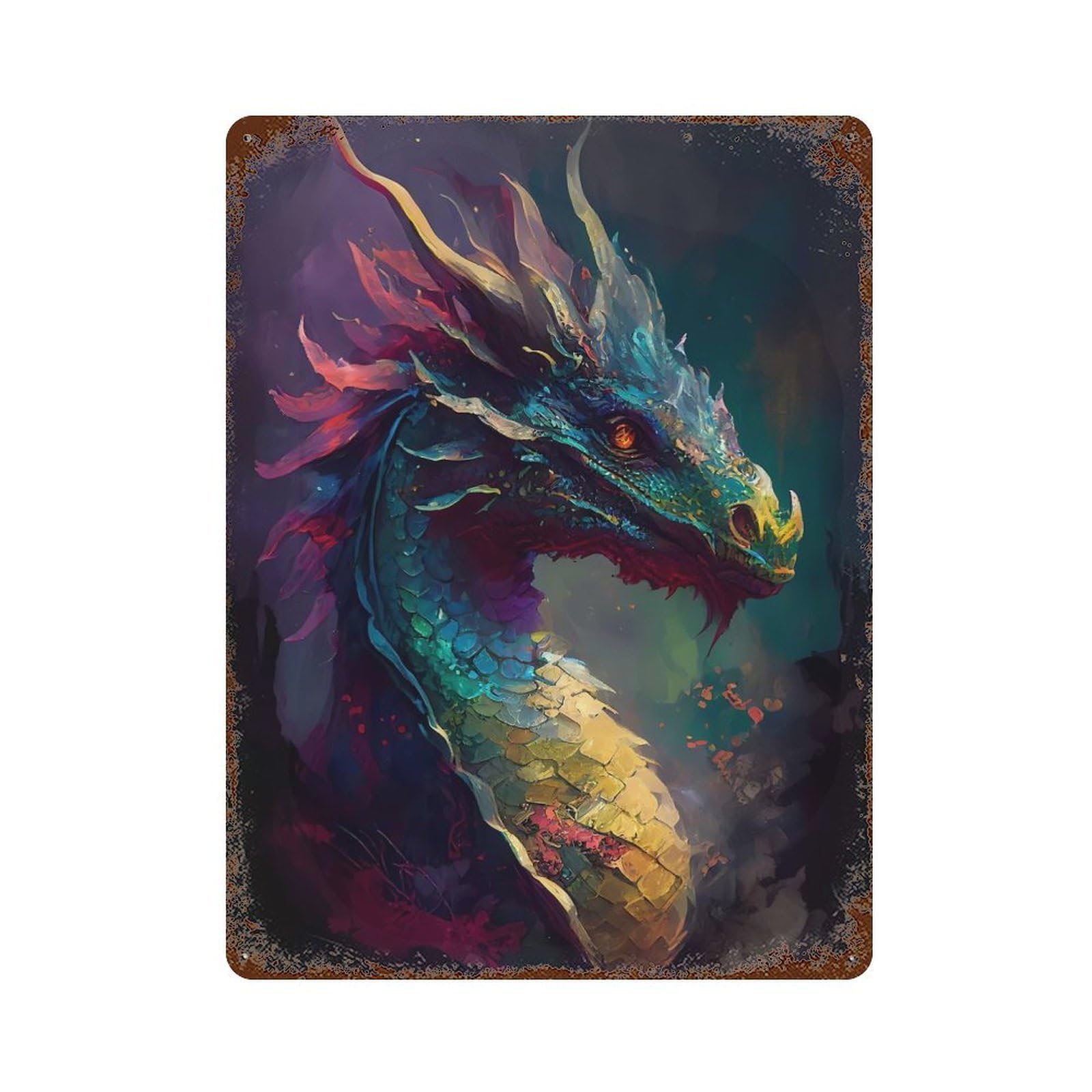 Garage Style Impressionist Dragon Distressed Metal Wall Sign 15.7"x11.8", Vintage Wall Decor for Bar And Workshop