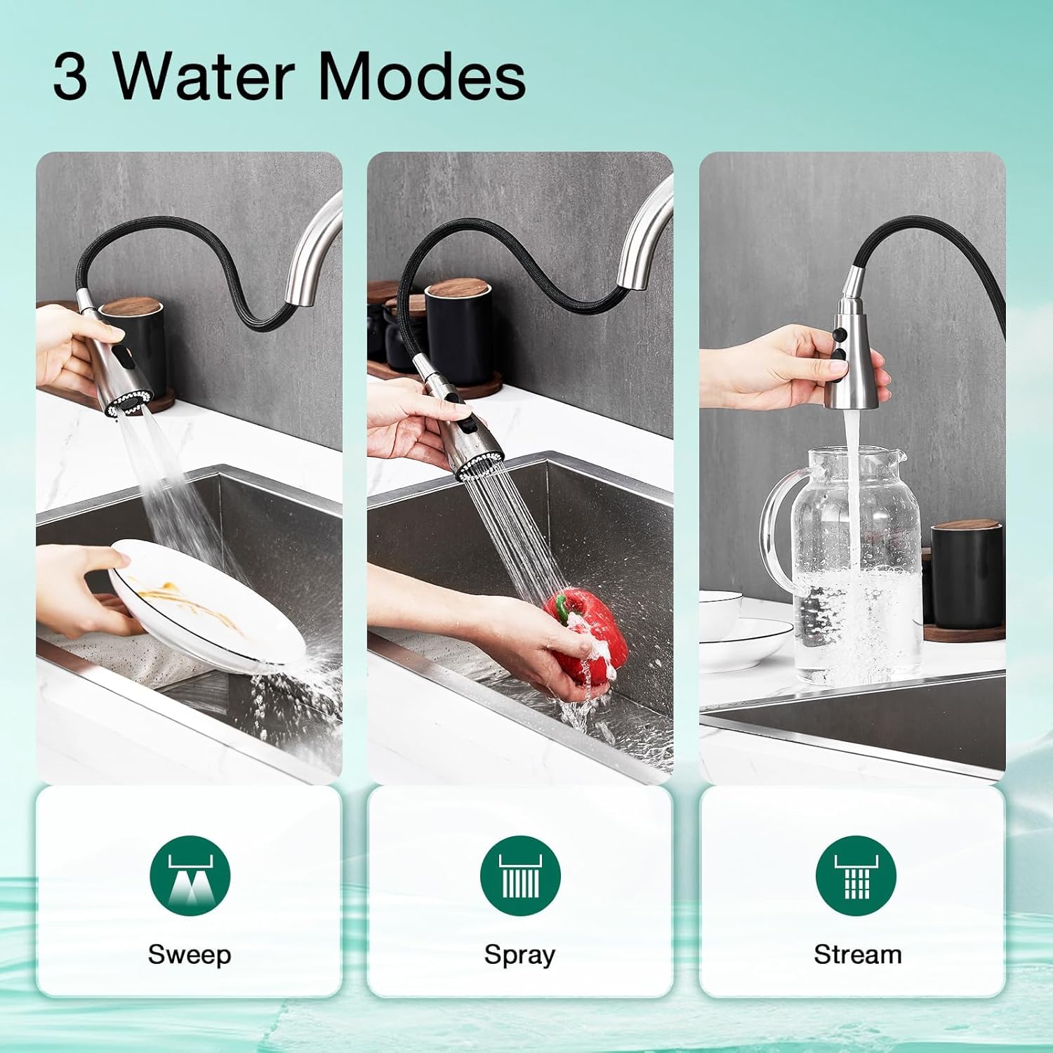 CREA Kitchen Sink Faucet,Pull Down Kitchen Faucets with Sprayer 3 Modes,Brushed Nickel Uitility Laundry Faucet Single Hole Bar Sink Faucet 360°Swivel High Arc Commercial RV Faucet Stainless Steel