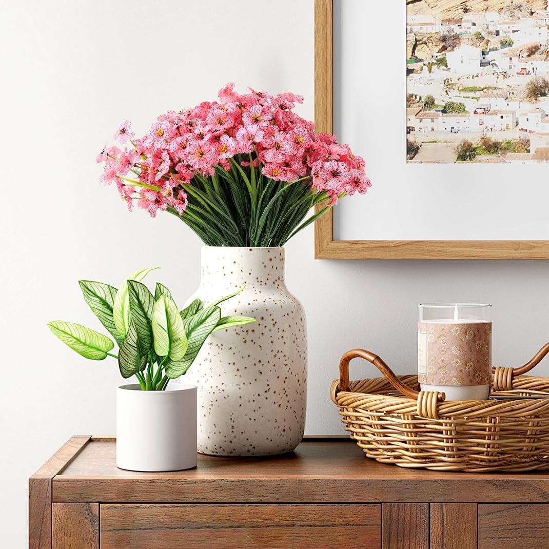 18個の造花アウトドアピンク、装飾用プラスチックフラワー、UV耐性人工屋外植物 屋内ガーデンポーチウィンドウホームファームハウス用フ