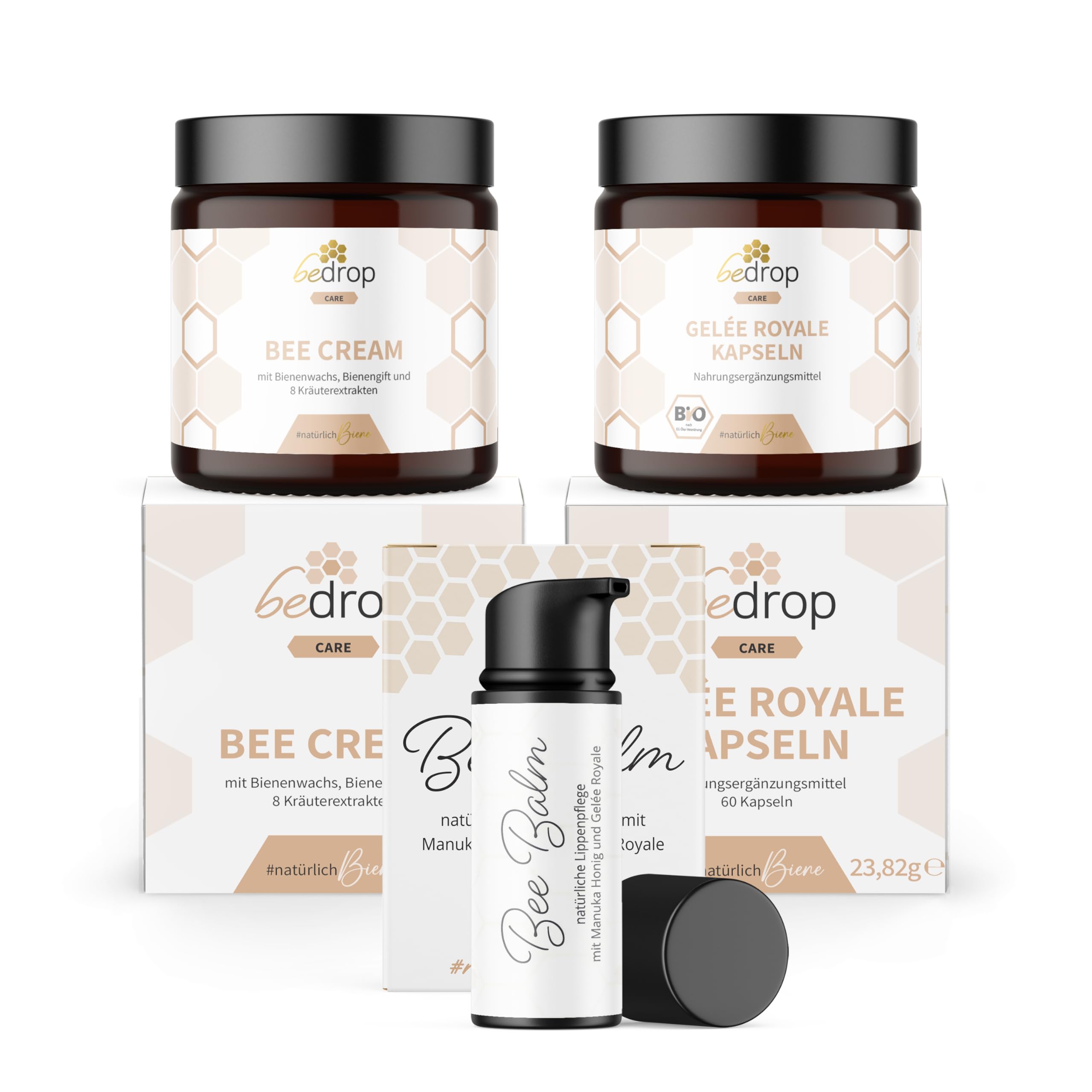 bedrop Wohlfühlset (groß) | Bee Cream (Bienengiftsalbe) + Gelée Royale Kapseln + BeeBalm für Lippen & Mundfalten