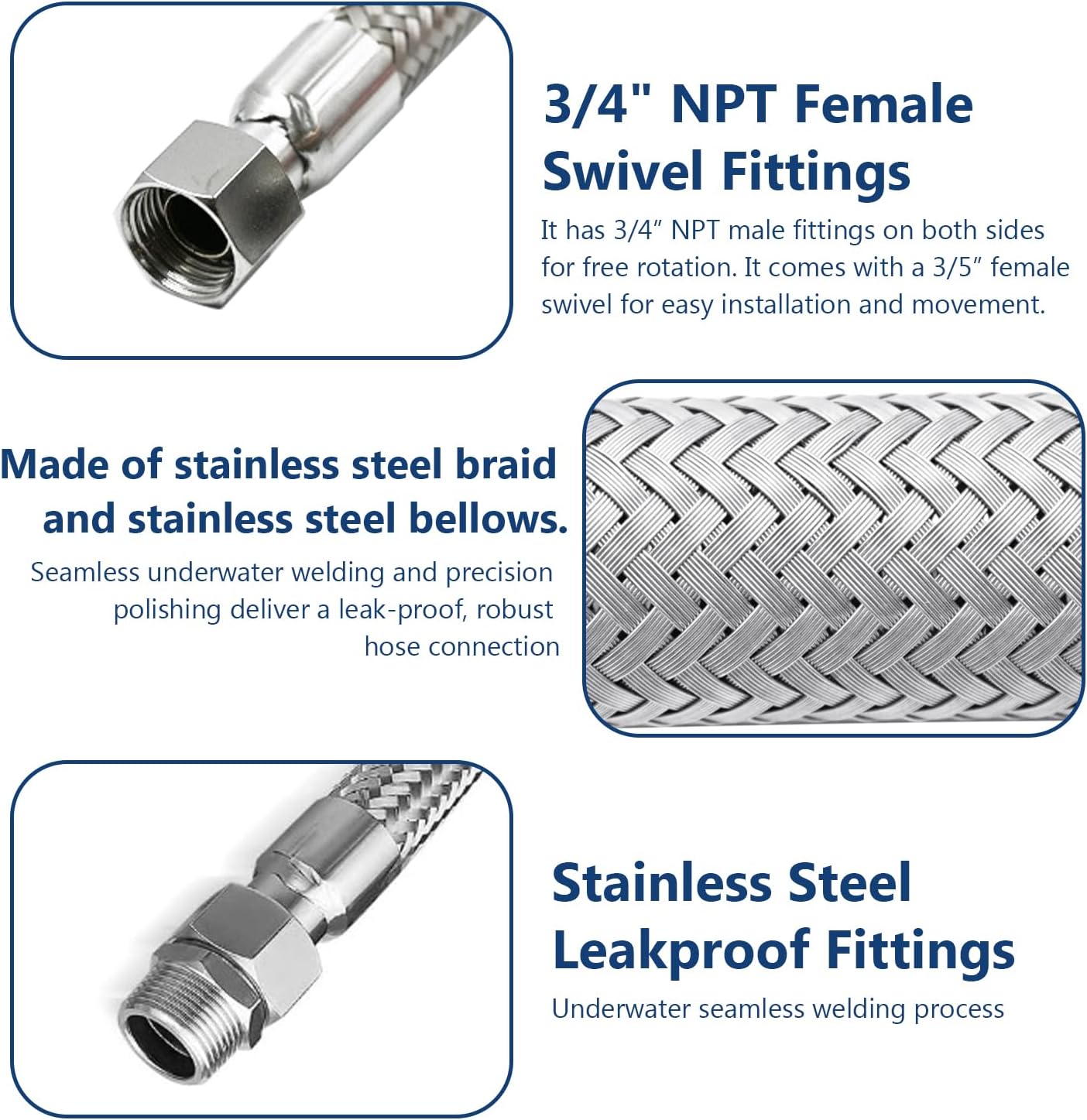 Air Compressor Hose,Compressor Jumper Hose, Flexible 450PSI Stainless Steel Metal Line with Two 3/4" NPT Male Connectors,20" Length, Both Sides Fittings Rotate Freely