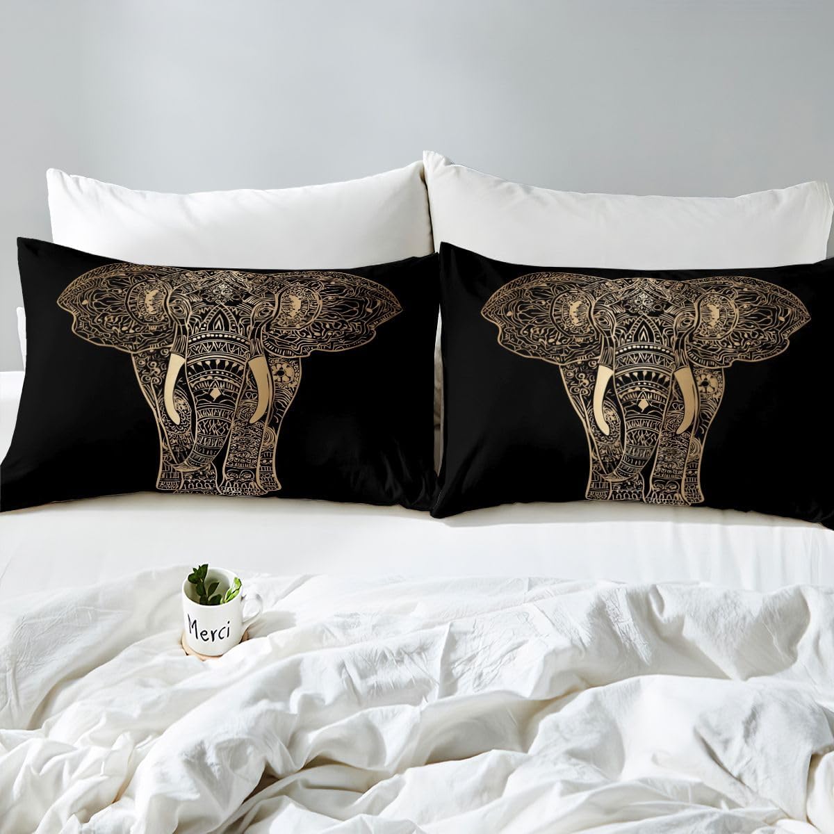 Feelyou Bohemia Boho Duvet Cover Set Queen for Girls Women 3D Gold Elephant Comforter Cover Set Africa Wild Animal Bedding Set Black Golden Bedspread Cover with 2 Pillow Shams Microfiber Zipper