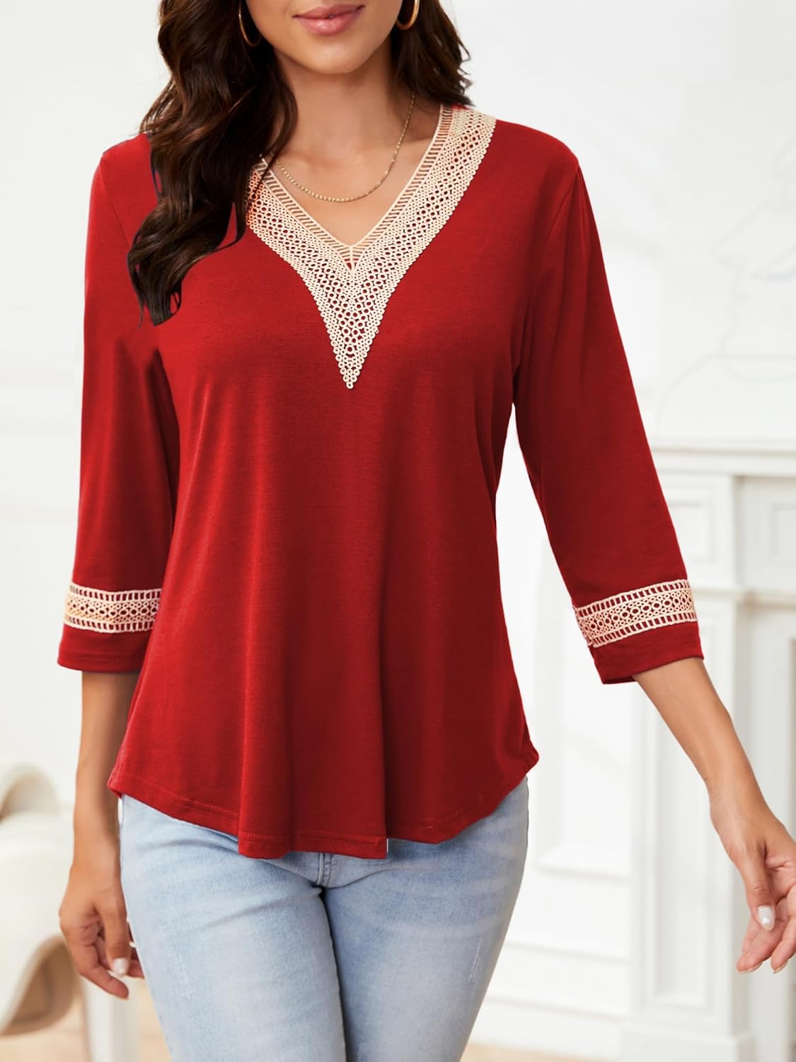 Womens Tops 3/4 Sleeve Shirts Casual Lace V Neck Blouses Loose Fit Dressy Basic T-Shirt - Image 4