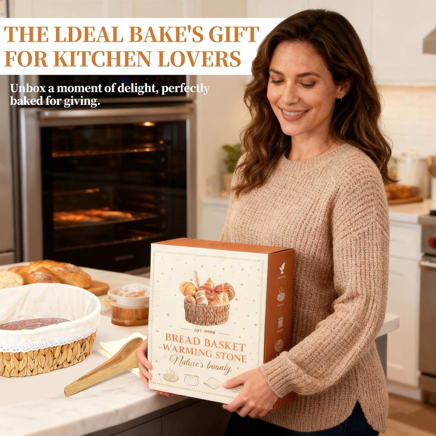 Bread Warmer Basket with Stone - Large Bread Baskets for Serving/House Warming Gifts New Home for Women/Kitchen Gifts for Bakers Hostess