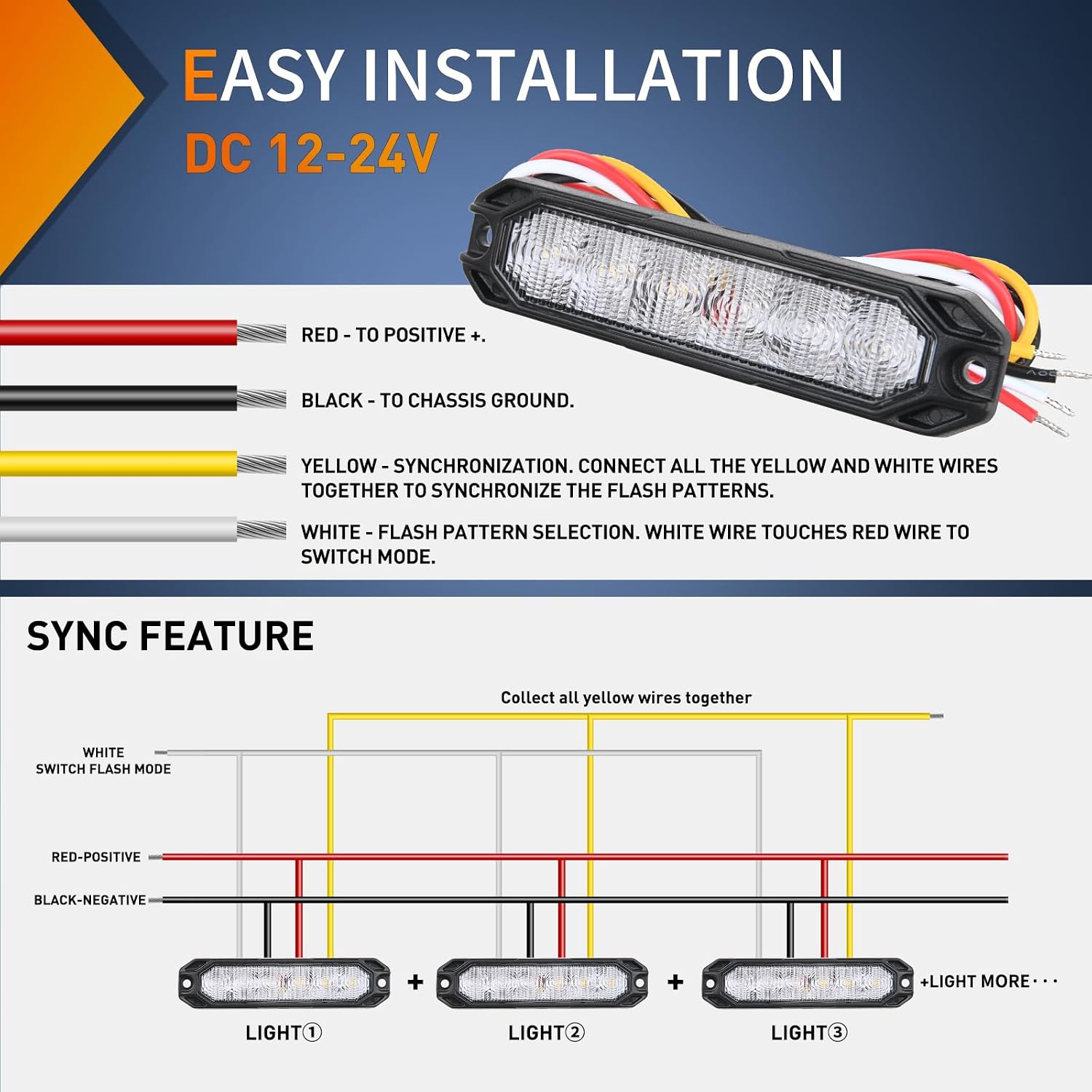 Nilight 6LED Blue White Emergency Strobe lights Sync Feature Surface Mount