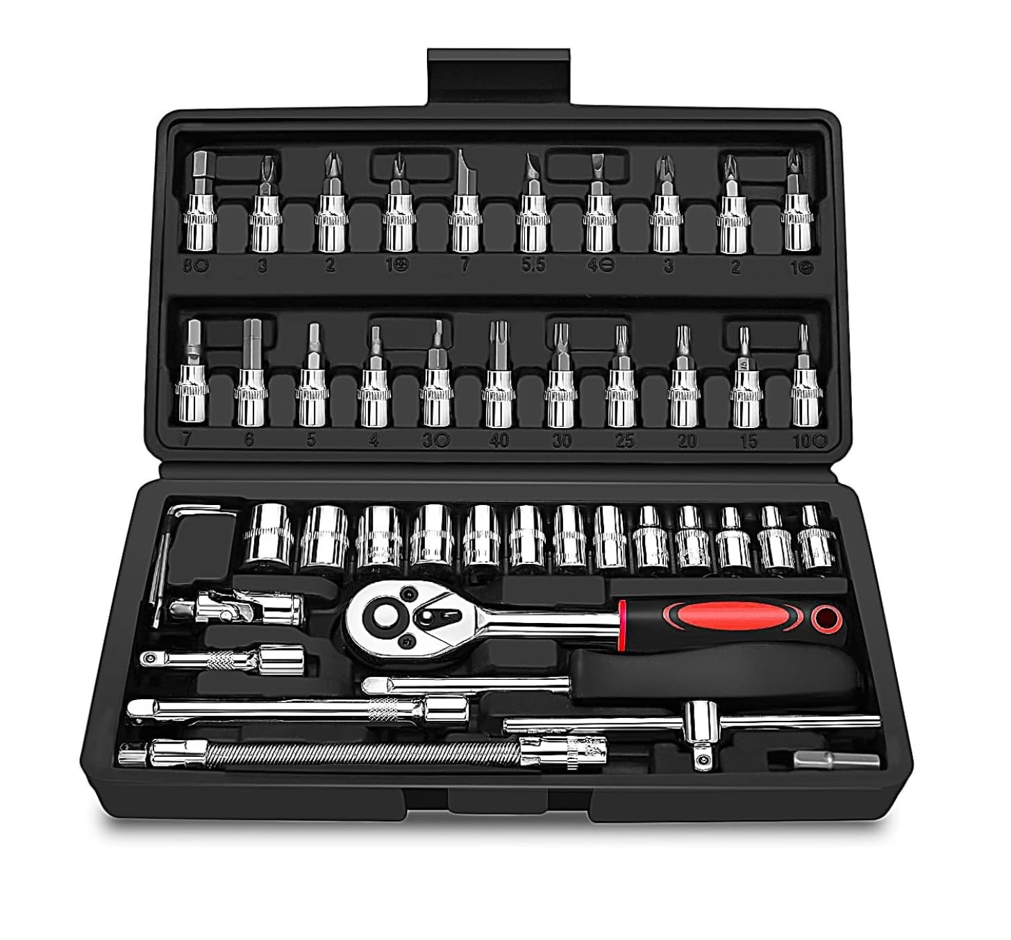 46 Piece 1/4" Drive Socket Wrench Driver Bits Metric Set Flexible Extension Rods with 72 Teeth Reversible Ratchet Spanner