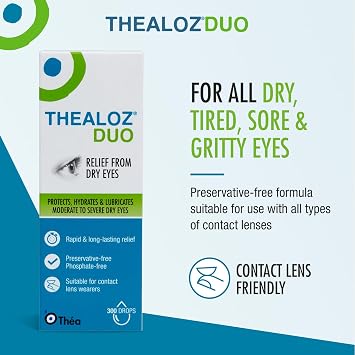 Thealoz Duo Dry Eye Drops, Preservative-Free Dry Eye Relief, 10ml | Contact lens friendly, dual-action hydration, suitable for all ages, 300 drops
