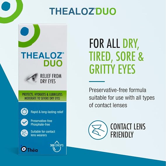 Thealoz Duo Dry Eye Drops, Preservative-Free Dry Eye Relief, 10ml | Contact lens friendly, dual-action hydration, suitable for all ages, 300 drops