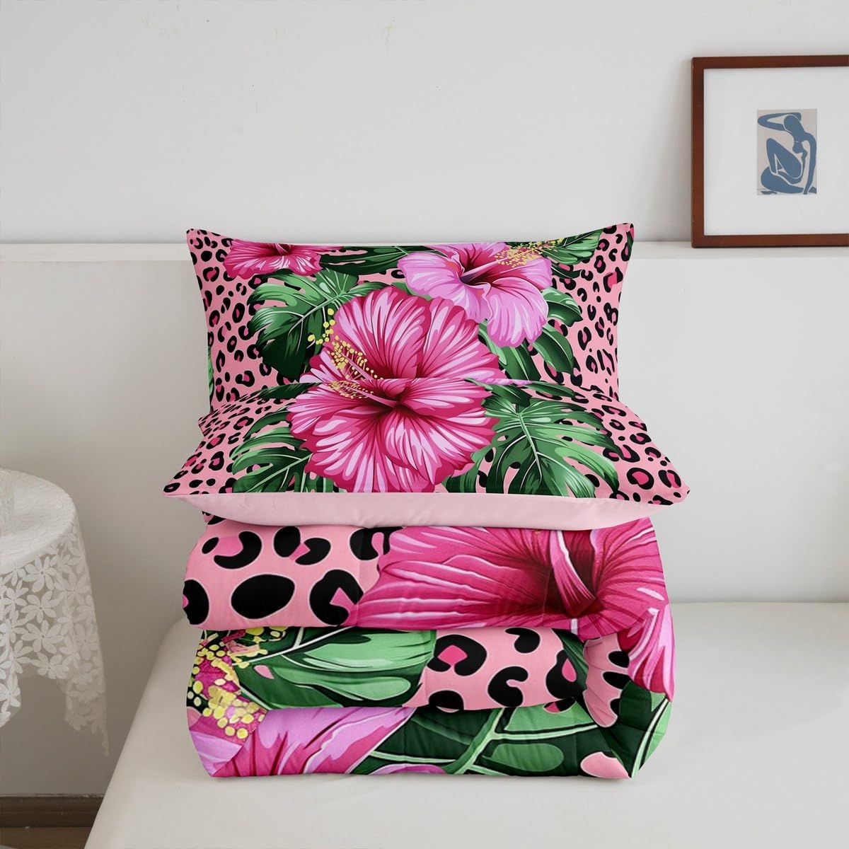 Erosebridal Tropical Plants Bedding Comforter Sets Pink Leopard Print Bedding Set Full for Kids Teen Adults,Hibiscus Flowers Green Palm Leaf Comforter Set Summer Hawaii Botanical Floral Bed Set