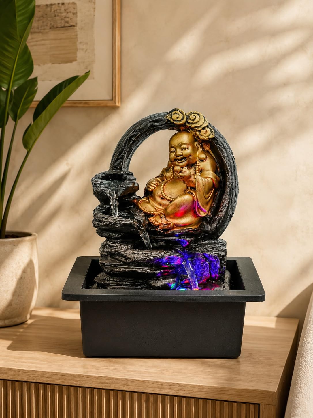 CHRONIKLE Golden Brown Polyresin Tabletop Laughing Buddha 3 Step Indoor Water Fountain for Home Decor with LED, Speed Control Pump (Size: 21 x 18 x 26 CM | Weight: 1015Gram)-image-3