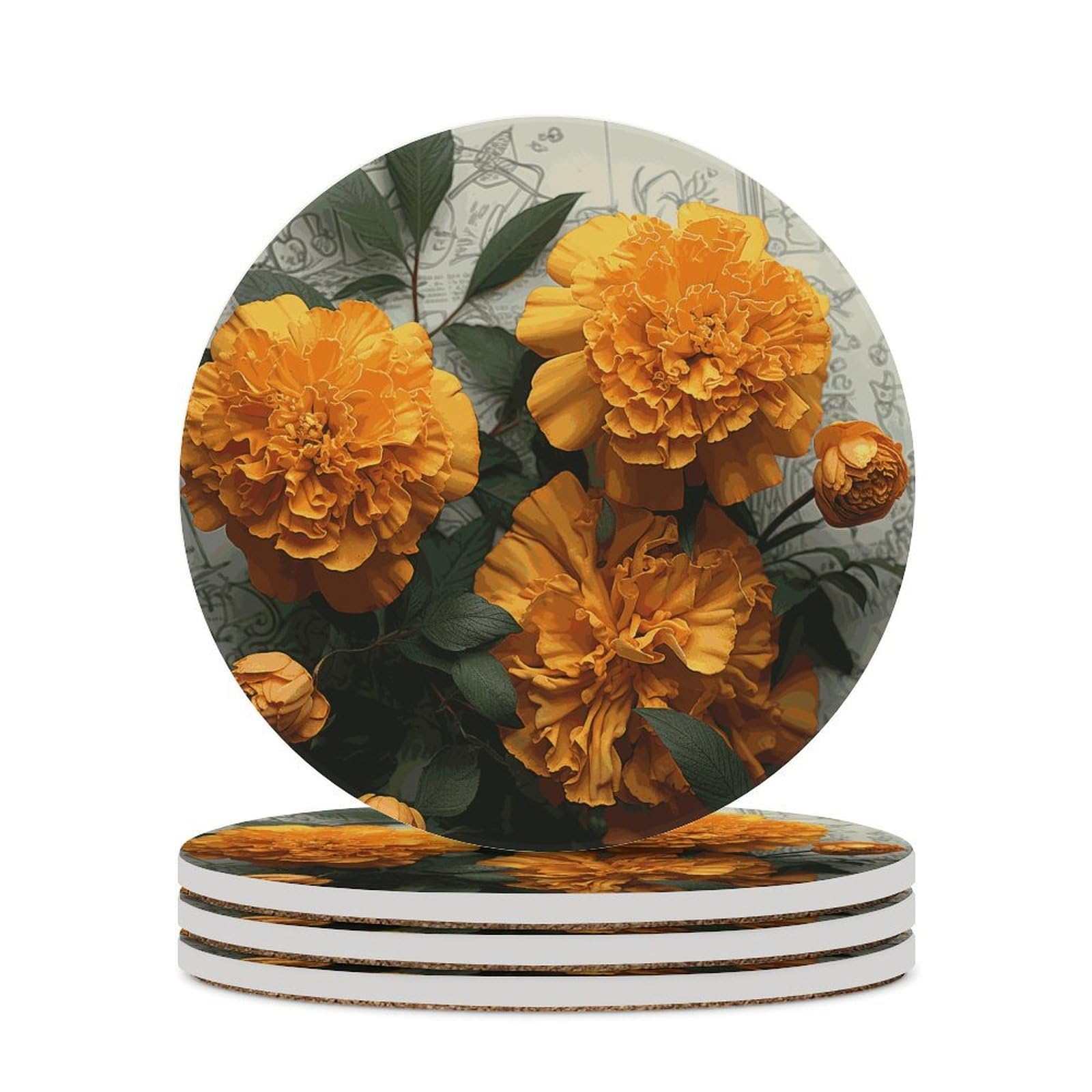 Marigold Coaster with Cork Base Drink Coasters for Coffee Table Decor Modern Cup Coasters with Non-Slip & Heat-Resistant Cute Ceramic Table Coaster for Home Dining