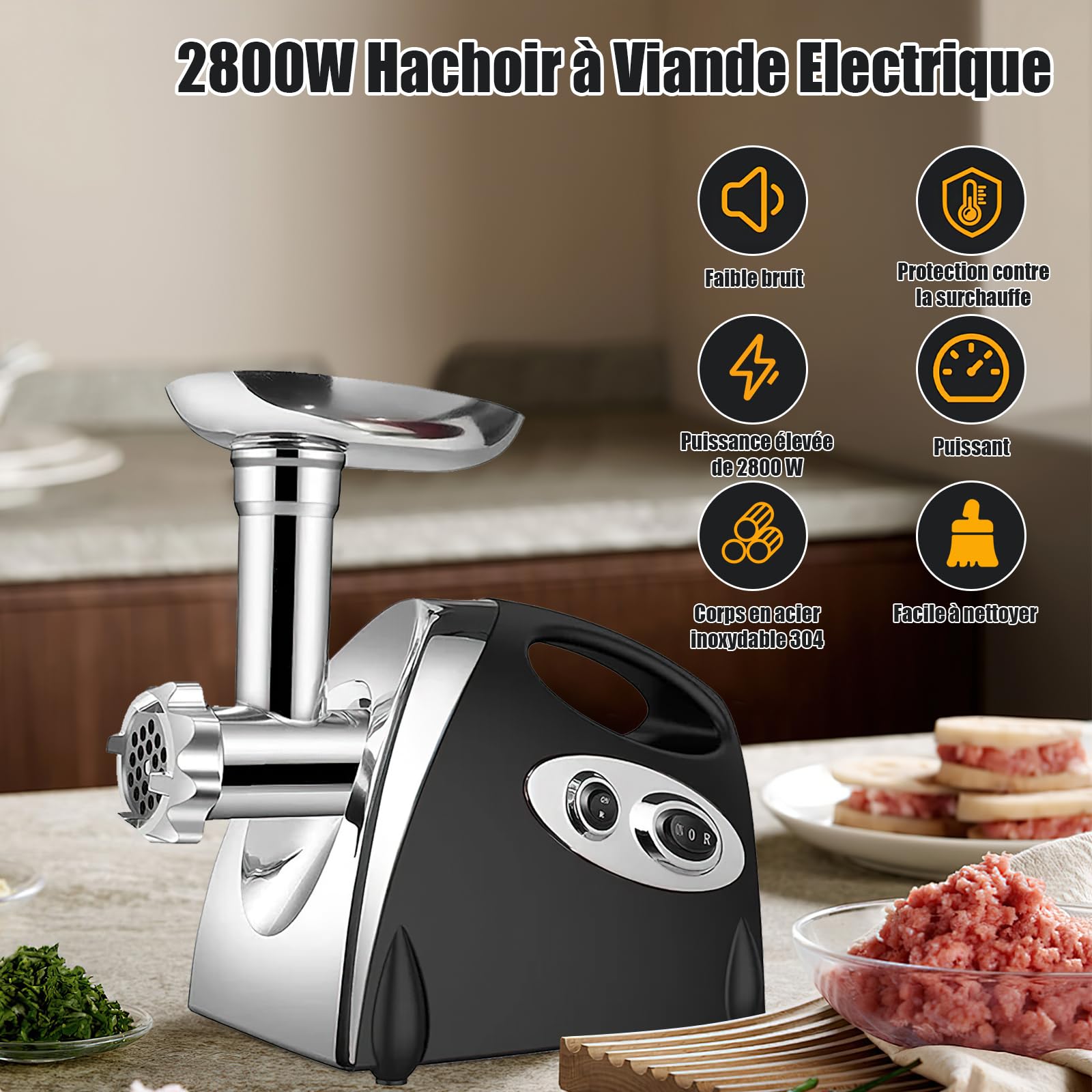 Picadora eléctrica carne, 2800 W, 3 en 1 de acero inoxidable, 3 placas de molienda, Kubbe, picadora para verduras y salchichas
