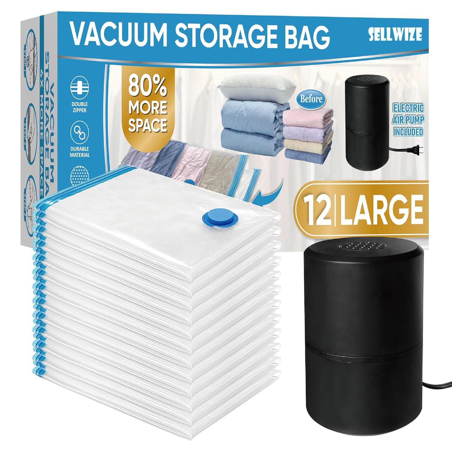 SELLWIZE Vacuum Storage Bags with Electric Air Pump, 12 Large (33.5x21.7in), Space Saver Bags with Pump, Storage Vacuum Sealed Bags for Clothes, Comforters, Blankets, Bedding (B0DDHHDFDJ) Amazon Price History, Amazon Price Tracker