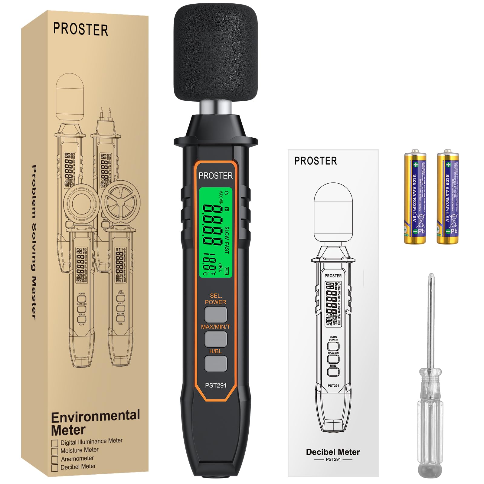 Proster Misuratore di Decibel Digitale 30dB a 130dB Portatile con Funzione di Temperatura A-Pesato Max/Min Risposta Veloce/Lenta LCD Retroilluminato Ideale per Ambienti di Lavoro Uffici e Fabbriche