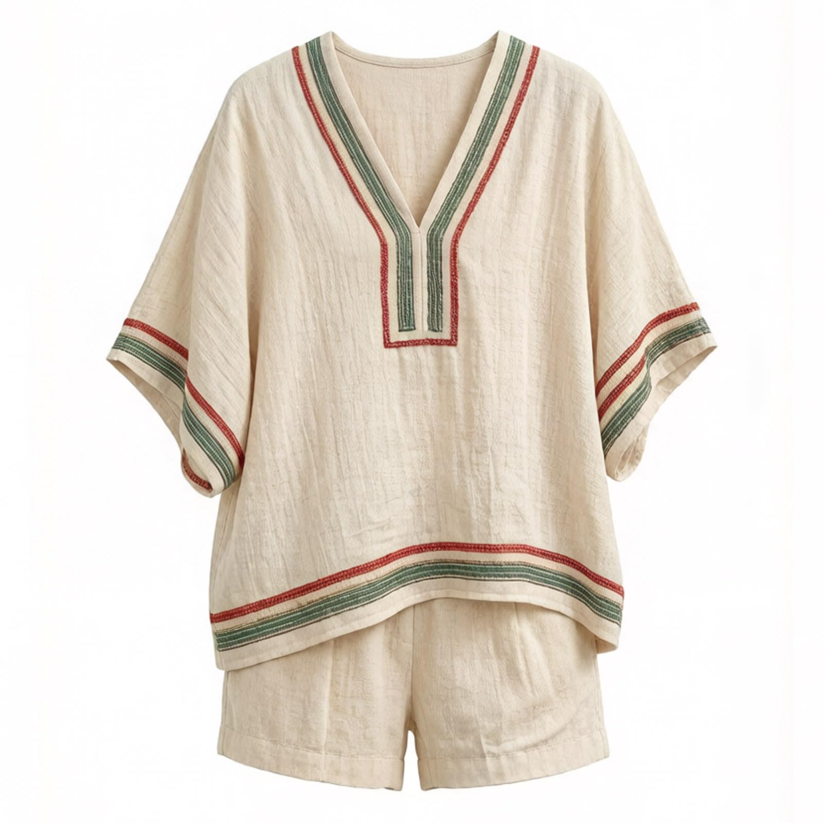 Générique Ensemble été Plage pour Femme : Short imprimé Floral et Haut à col V, Taille élastique, Tissu léger Respirant, Tenue décontractée Vacances