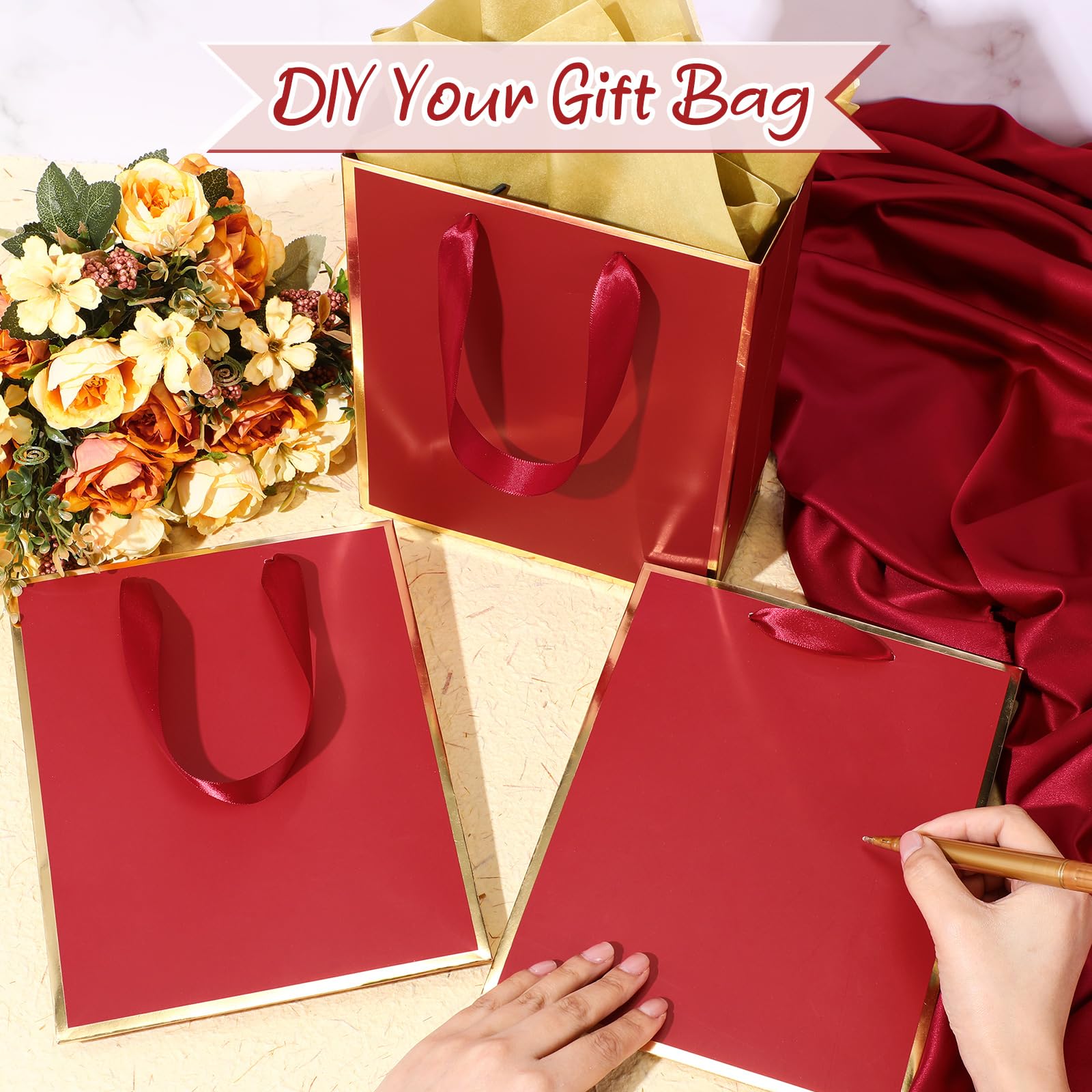 Yeaqee 10 Pack Metallic Paper Gift Bags with Handle Tissue Paper Thank You 5 Senses Gift Bag for Birthday Wedding Baby Shower Groomsmen Bridal Graduation Party Favor 9 x 7 x 3.15''(Burgundy,Gold)