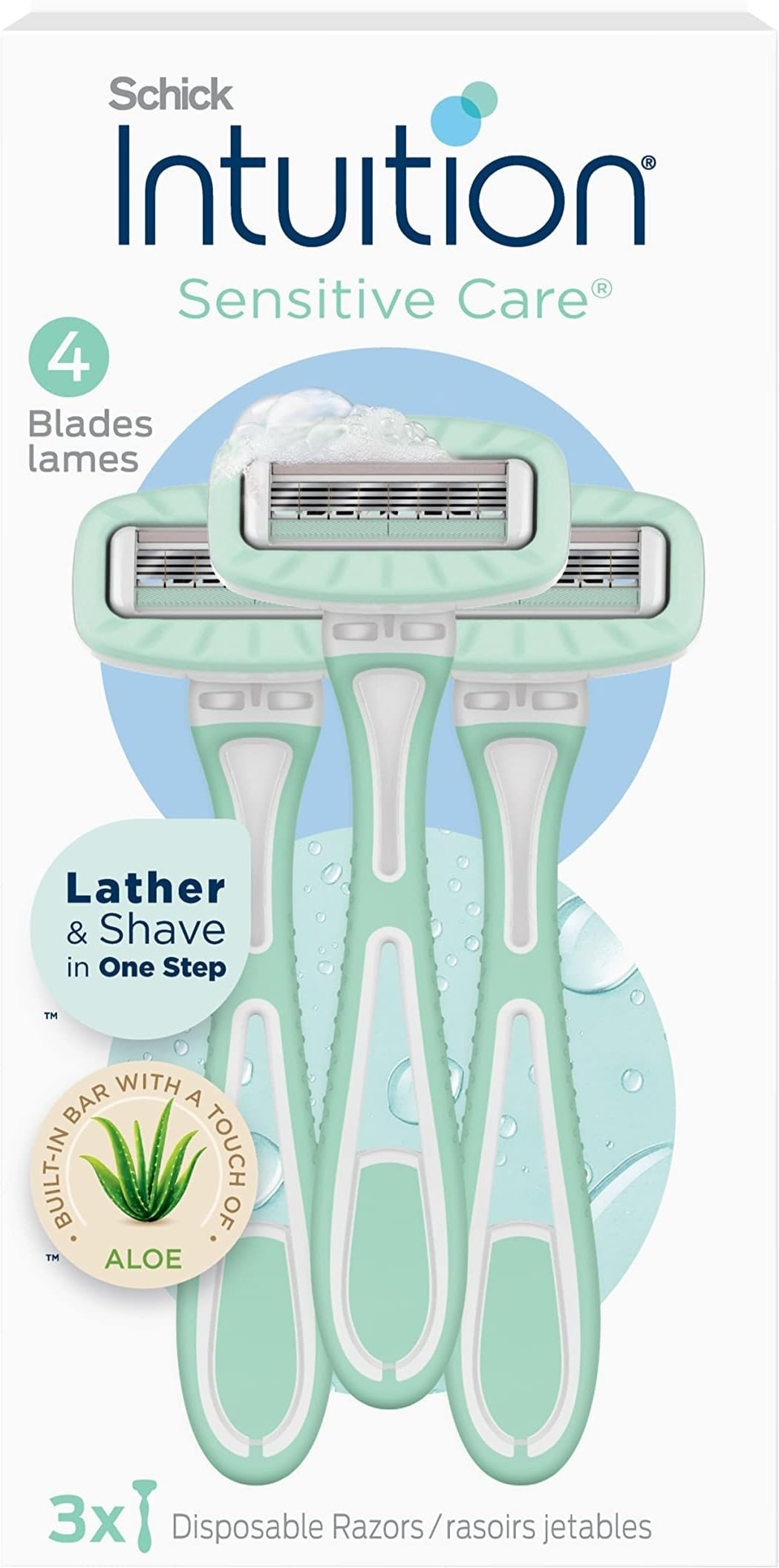 Schick Intuition Disposable Razors with Sensitive Skin, 3 Count | Razors Sensitive Skin, Women’s Disposable Razors with a Touch of Aloe, Travel Razor