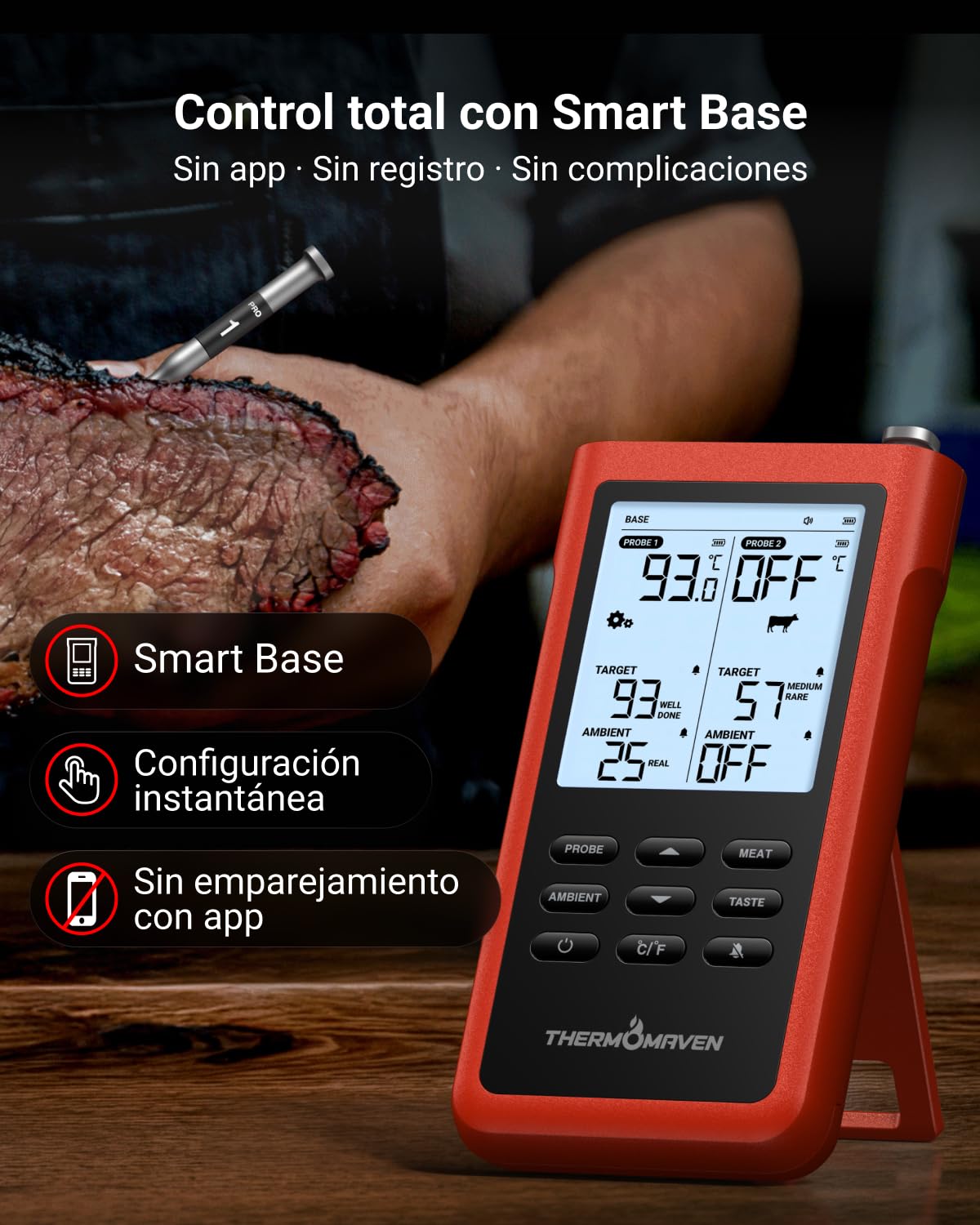 ThermoMaven X2 Termómetro para Carne Inalámbrico con 2 Sondas 915m Sub-1G | Finas NIST, 6 Sensores, Pantalla LCD sin App para Barbacoa, Horno, Parrilla, Ahumador, Costillas, Asados y Cocción Lenta