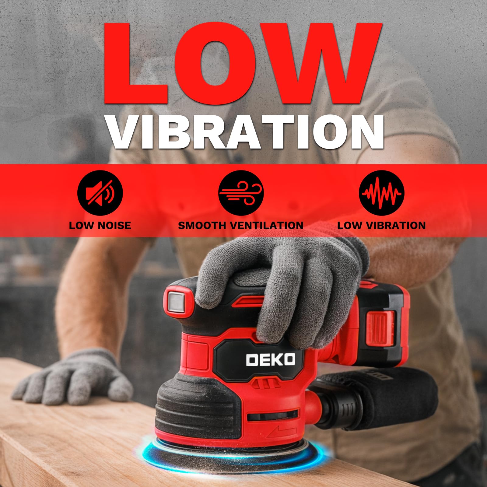 Levigatrice Orbitale a Batteria: DEKOPRO Levigatrice Rotorbitale con 1 Batteria 2000mAh, Orbitale per Legno da 125 mm, 13000 RPM, con Sacchetto per la Polvere e 15 Fogli di Carta Vetrata Rosso