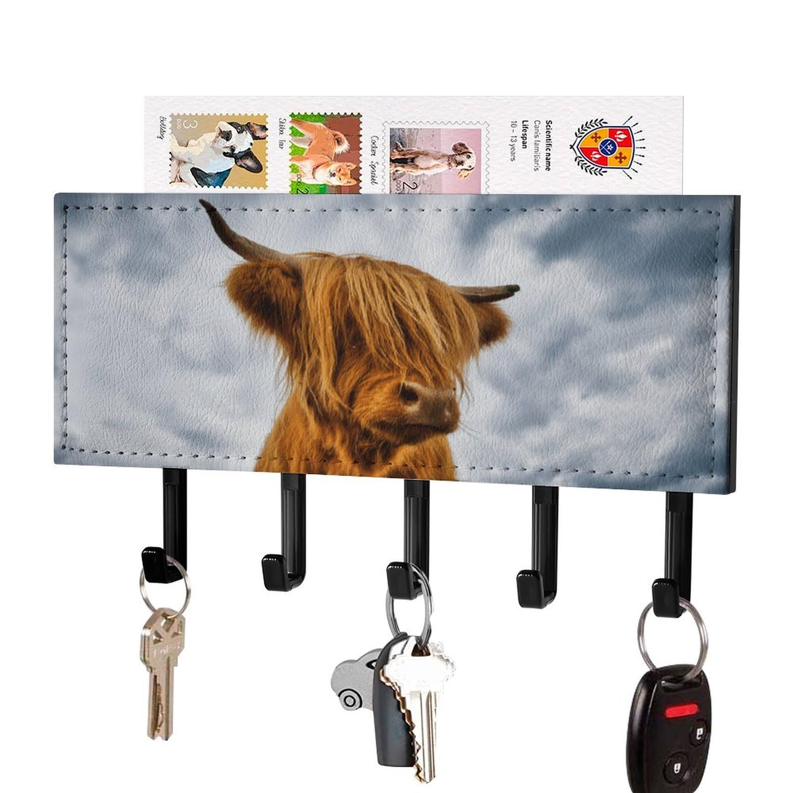 NCLQVJXZKHW Highland Cow in The Scottish Highlands Key Holder with 5 Hooks Key Hooks Wall Mounted Key Racks Key Hanger Organiser Shelf