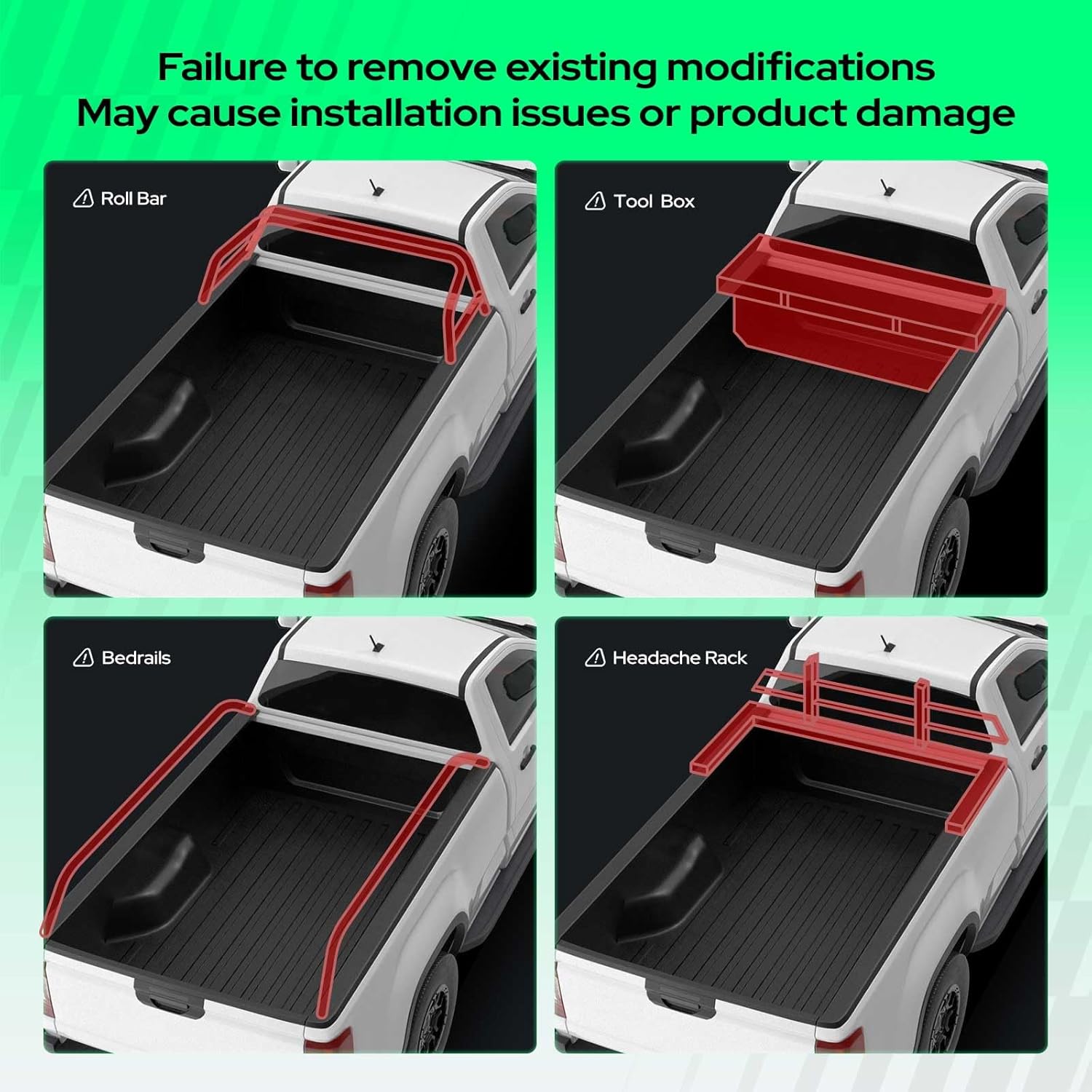 Diagram showing various truck bed modifications like roll bars, tool boxes, bedrails, and headache racks that need to be removed before tonneau cover installation.