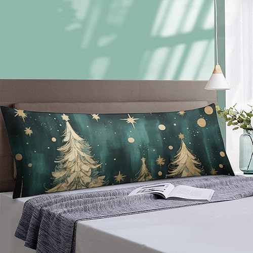Miniatura 10 de Funda de almohada corporal con estampado de árbol de Navidad dorado y verde, funda de almohada larga decorativa de 20 x 54 pulgadas para decoración