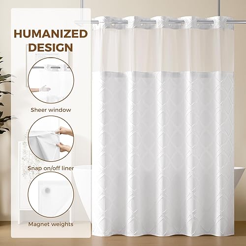 Miniatura 3 de downluxe Cortina de ducha sin gancho con forro a presión, juego de cortina de ducha de tela de gofre blanca para baño, cortinas impermeables de