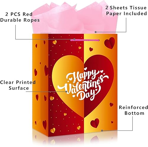 Miniatura 4 de JUESMOS Bolsa de regalo para el día de San Valentín de 13 pulgadas con papel de seda, bolsa de regalo para el día de San Valentín con asas, bolsa de