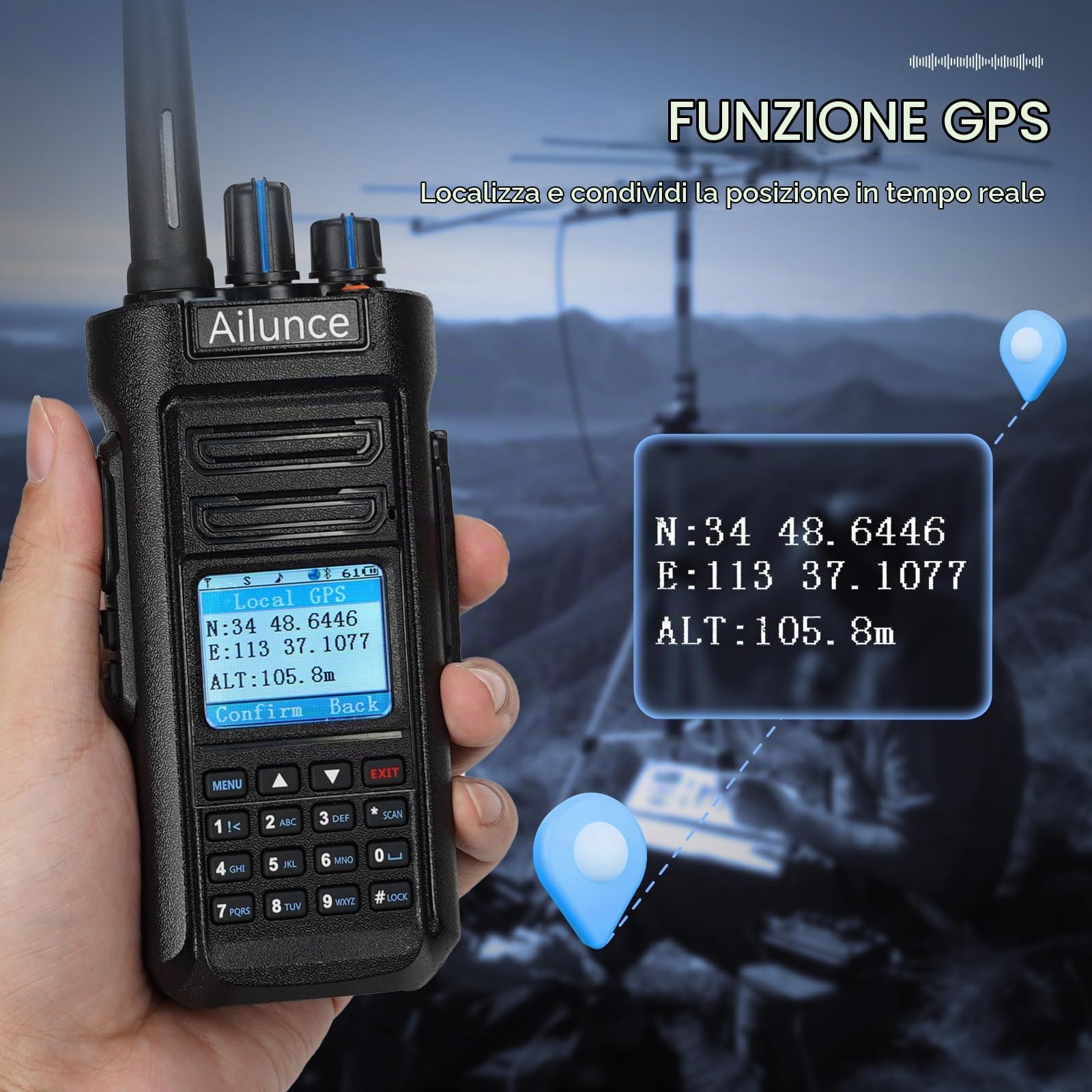 Retevis Ailunce HD2 Ricetrasmittenti Professionali GPS, Radio DMR | Lunga Distanza, Wireless 5.0, Batteria 3200mAh, IP67 Impermeabile, Radio Amatoriale a Doppia Banda Per Eventi Amatoriali