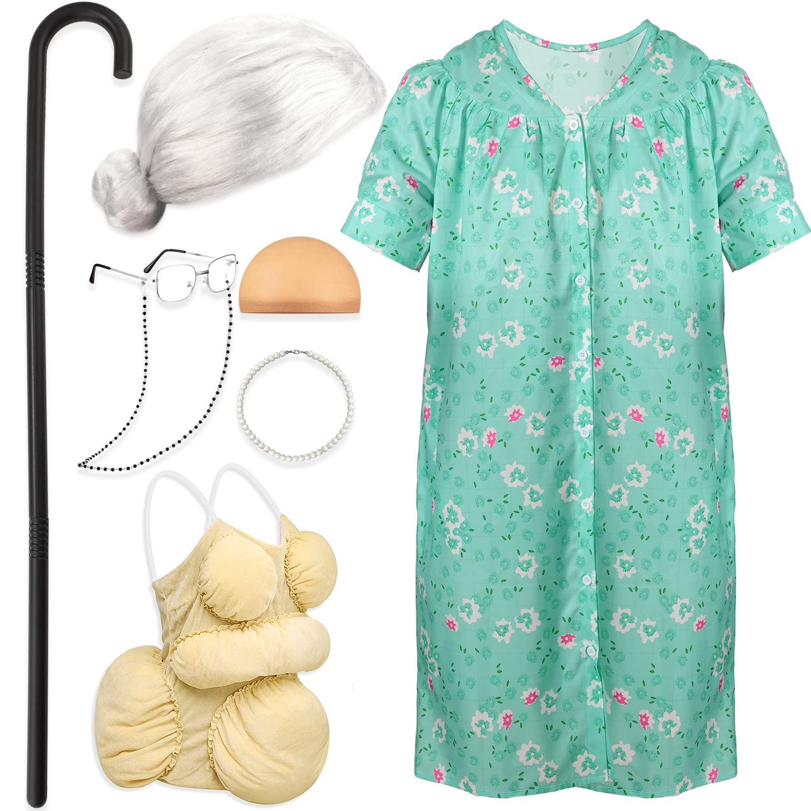 Yaomiao 8Pcs Old Lady Costume Set for Women Fat Suits Grandma Dress Suits Short Sleeve Robe Granny Wig Crutch