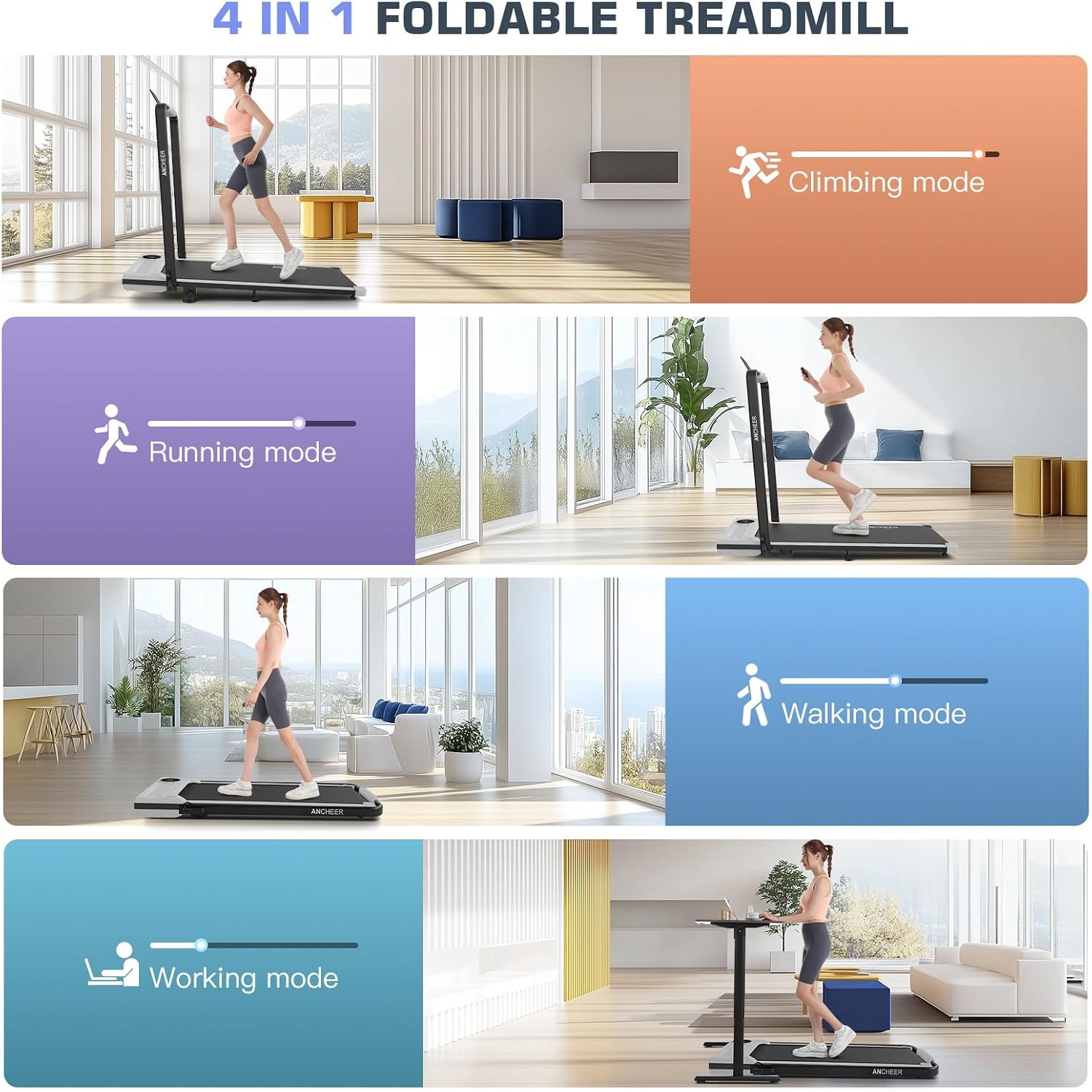 4-in-1 Folding Treadmill with Adjustable Incline & Handle Bar – SpaceSaver Design, 12 Preset Programs, 300 lbs Capacity, Perfect for Walking, Running & Under Desk Use