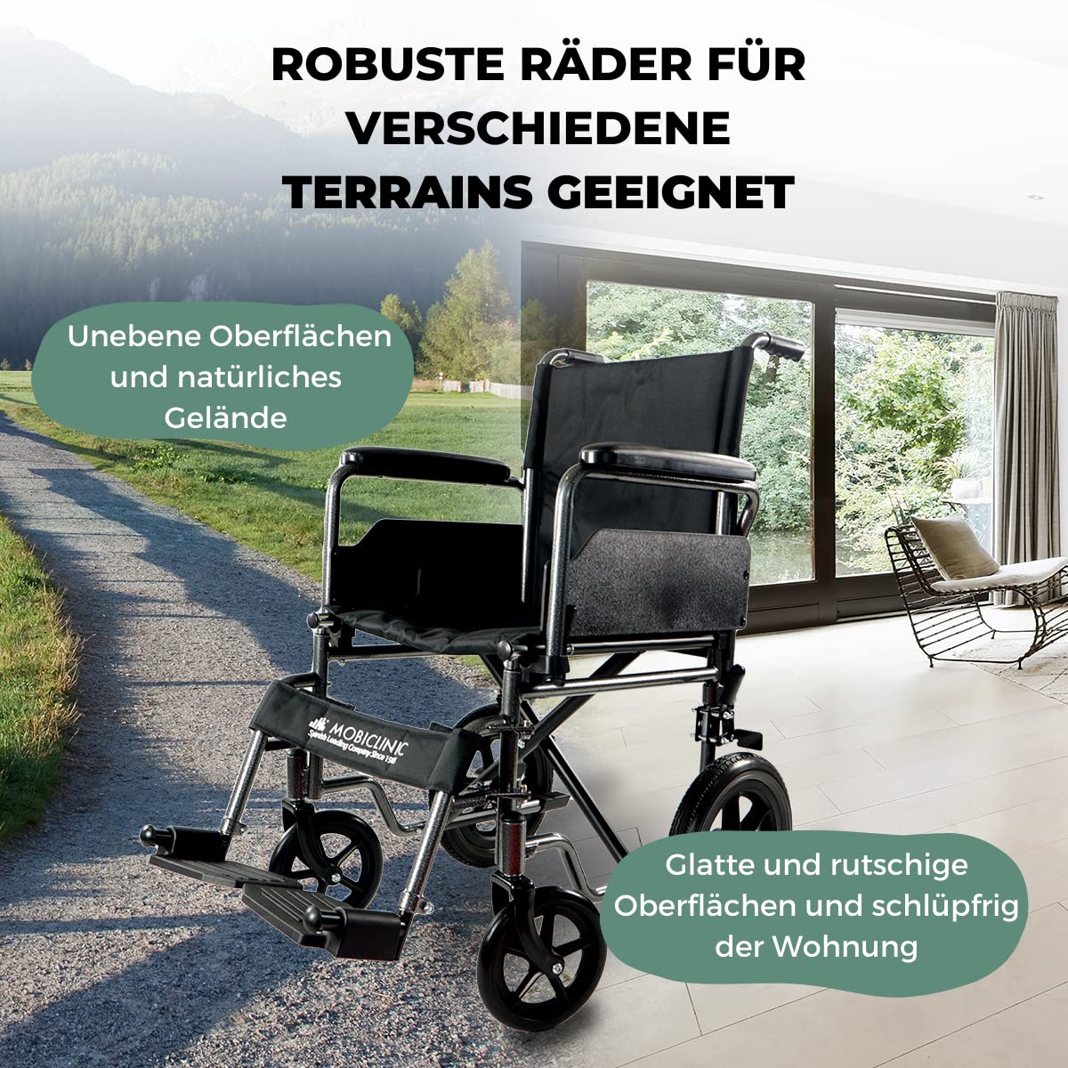 Mobiclinic®, Rollstuhl, S230, Faltbar und leicht, Sitzfläche 43 cm, Klappbare abnehmbare fußstützen, Gepolsterte armlehnen, Kleine räder, Feststellbremse fußbremse