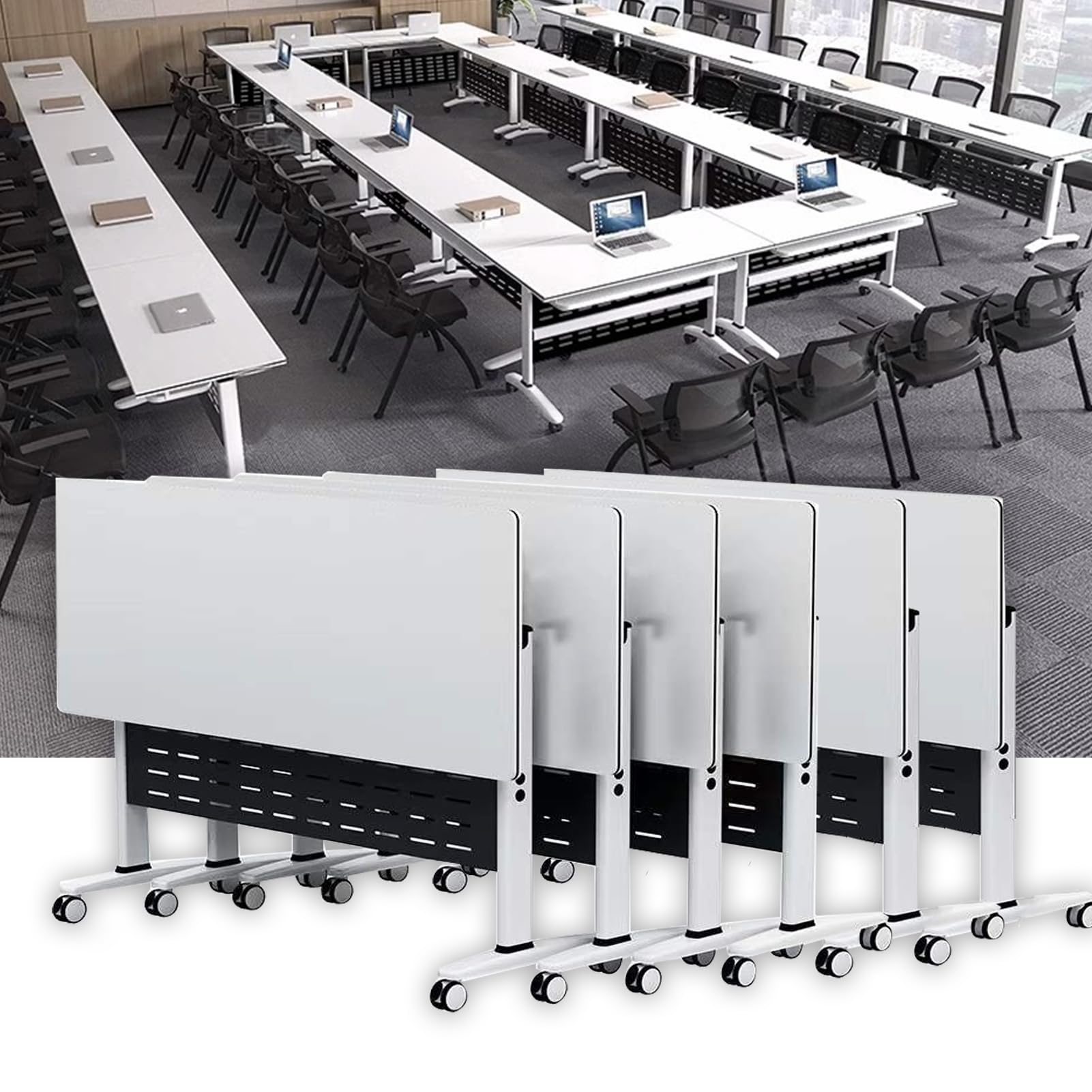 Konferenztisch - Moderner weißer Konferenzraumtisch, klappbarer Büro-Besprechungstisch mit Klappplatte, mobiler Konferenztisch für Schulungsseminare, mit Feststellrad (C, 6er-Pack,