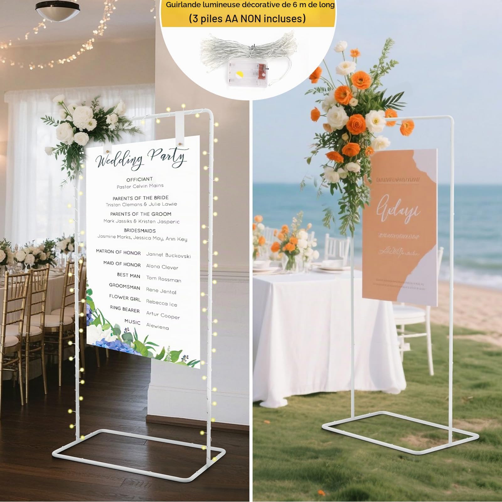 Support de panneau bienvenue mariage de 1,7M chevalet mariage réglable, avec guirlande lumineuse de 6M et 4 sangles en cuir, chevalet robuste pour la décoration, les affiches et les fêtes (blanc)