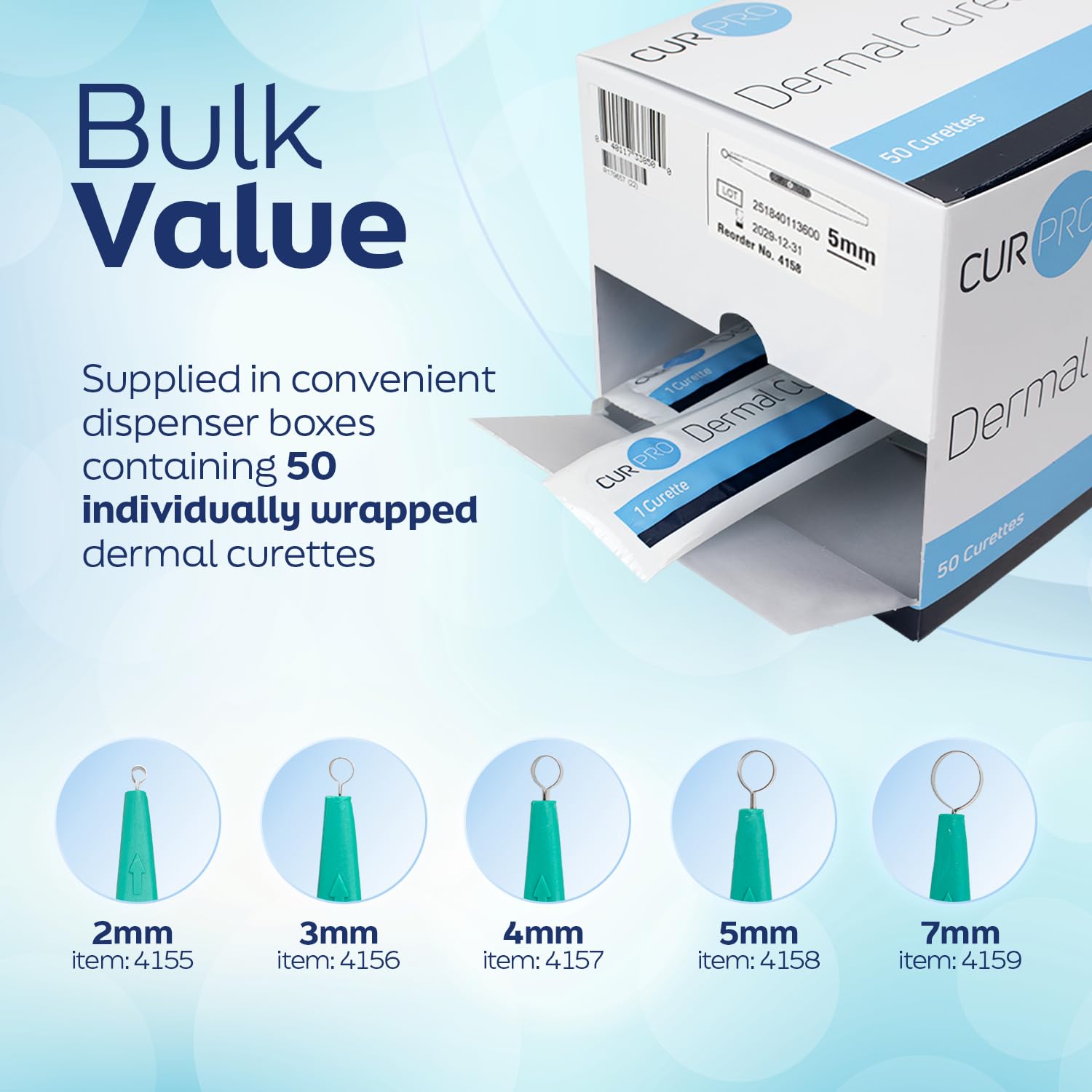 Dynarex CurPro Disposable Dermal Curettes - 5 mm - Sterile, Individually Wrapped - Sharp Beveled Blade for Skin Procedures with Non-Slip Handle - 50 per Case