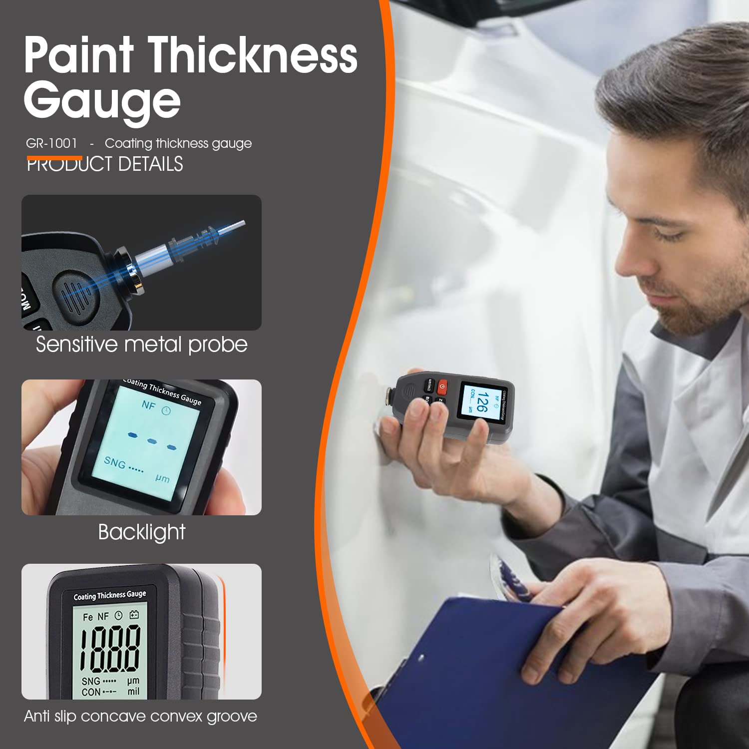 Medidor de Espesor de Pintura GR-1001 Medidor de Espesor de Pintura con Sensor para Auto Fe-NF Apagado Automático Rango de Medición 0-1300um Medidor Digital de Espesor de Pintura para Autos Usados