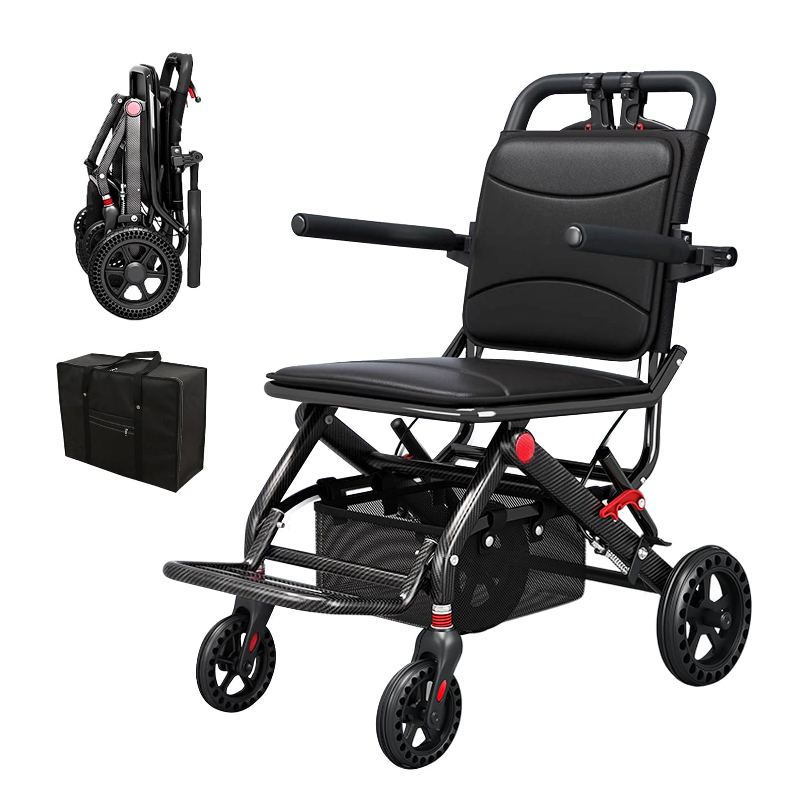 Care Parents Rollstuhl, faltbar, leicht, 8,5 kg,Sitzbreite:40cm,großem Einkaufskorb und unzerstörbaren Reifen, Transportrollstühle für Behinderte and ältere, bis100 kg(CP-J09B)