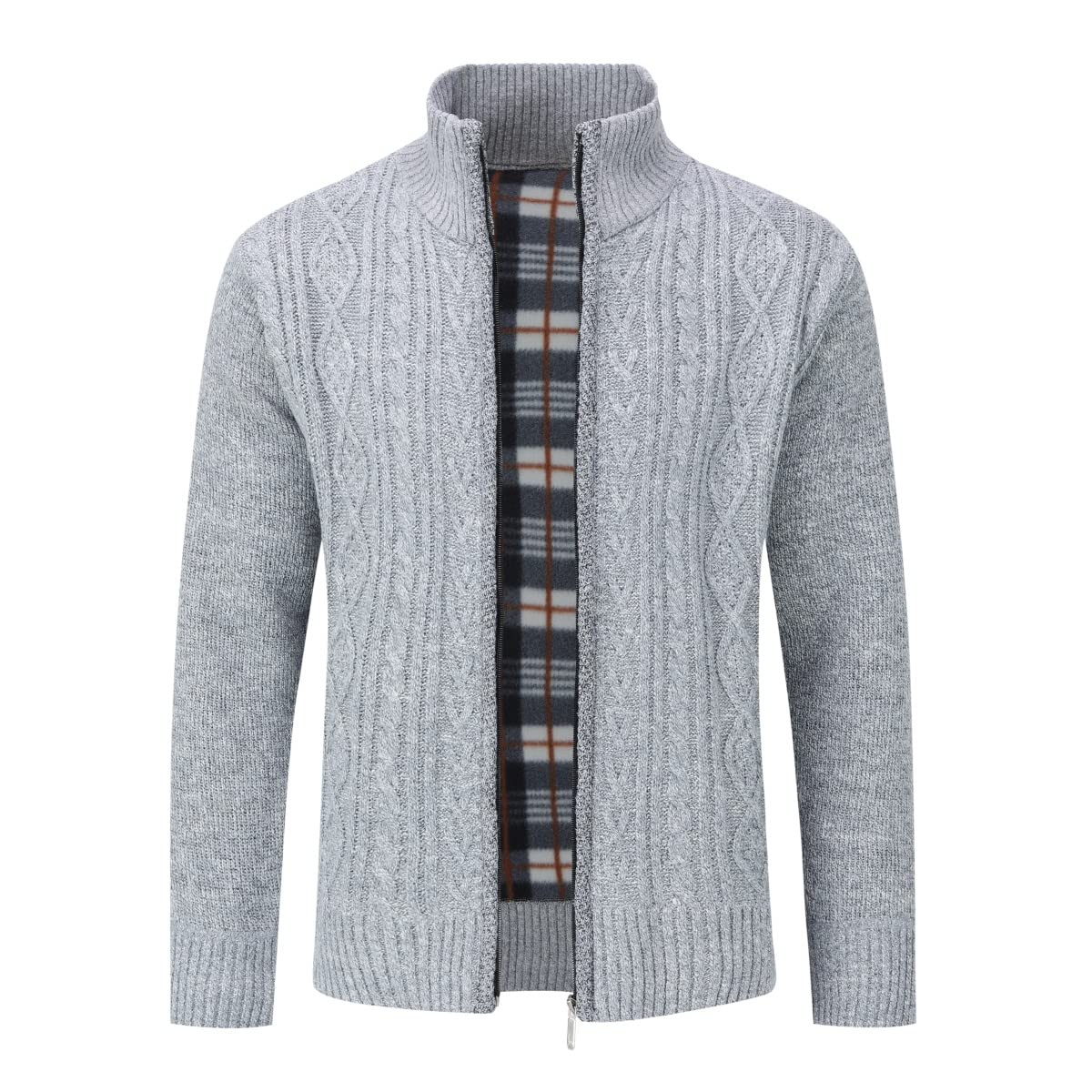 Sliktaa Men's #Dl164 Light Grey Knitted Cardigan Thick Sweater Full Zip Wool Stand Collar Cardigans Coat Fleece Lined Long Sleeve Cardigan, Xl, Light Grey