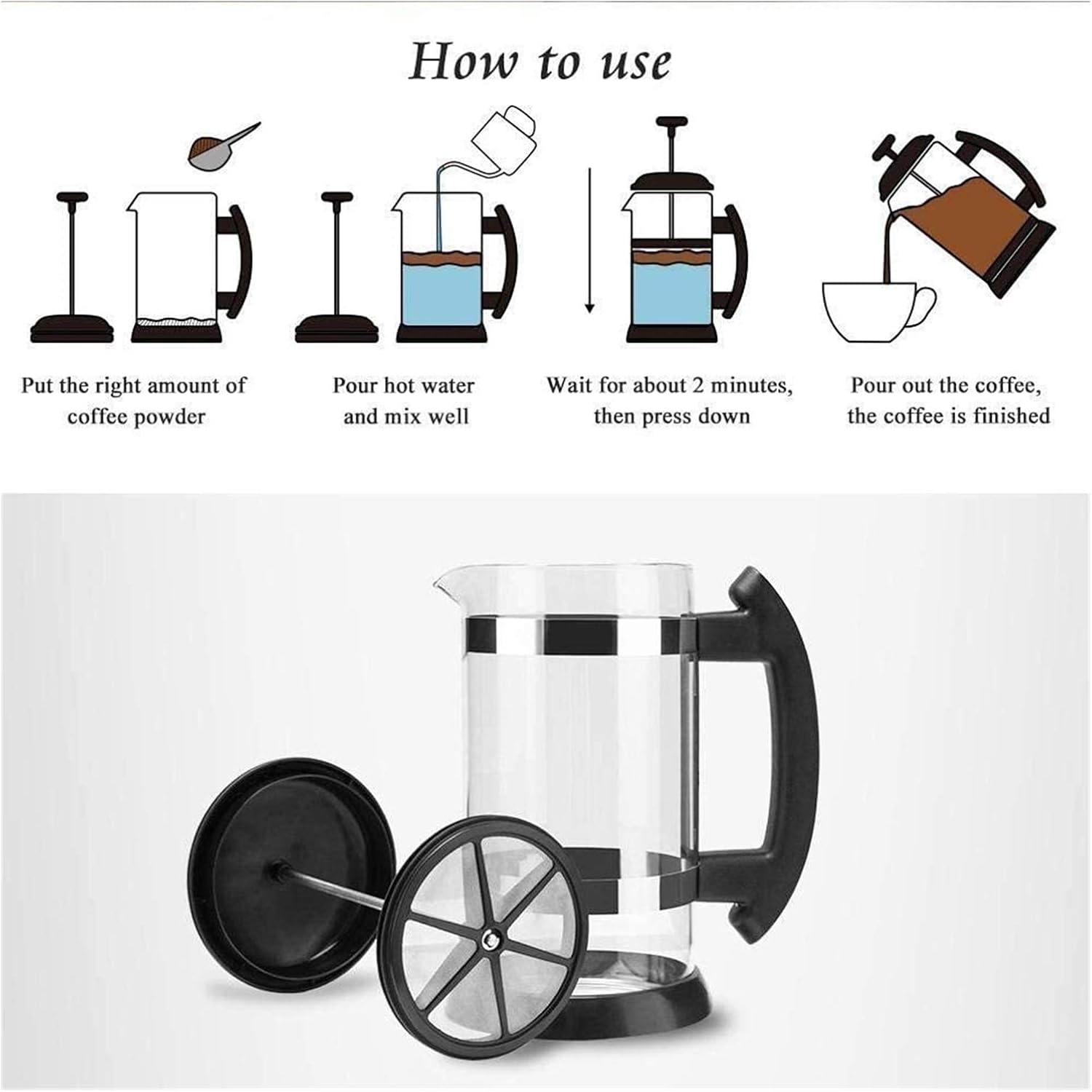 French Press Coffee Maker Stainless Steel Coffee Tea Maker Multi-Screen System Rust-Free Dishwasher Safe (1L) Black