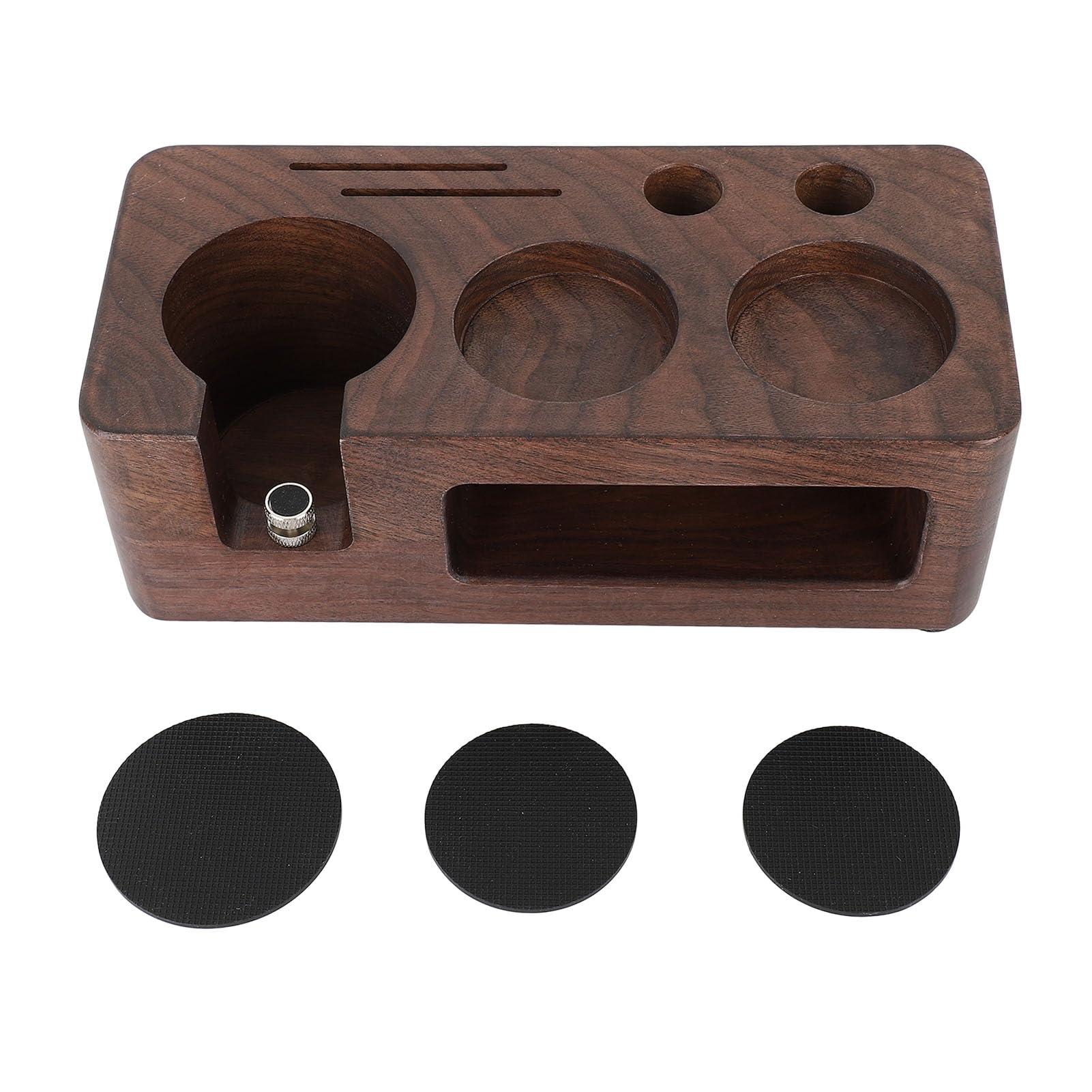 Walnussholz -Kaffee -Manips Station Praktischer Portafilter Tamping Stand mit Kaffeezubehör Aufbewahrungsaufbewahrungsvergleich mit Mehreren Kaffeemaschinen Exquisit und Praktisch Stabil (53MM)