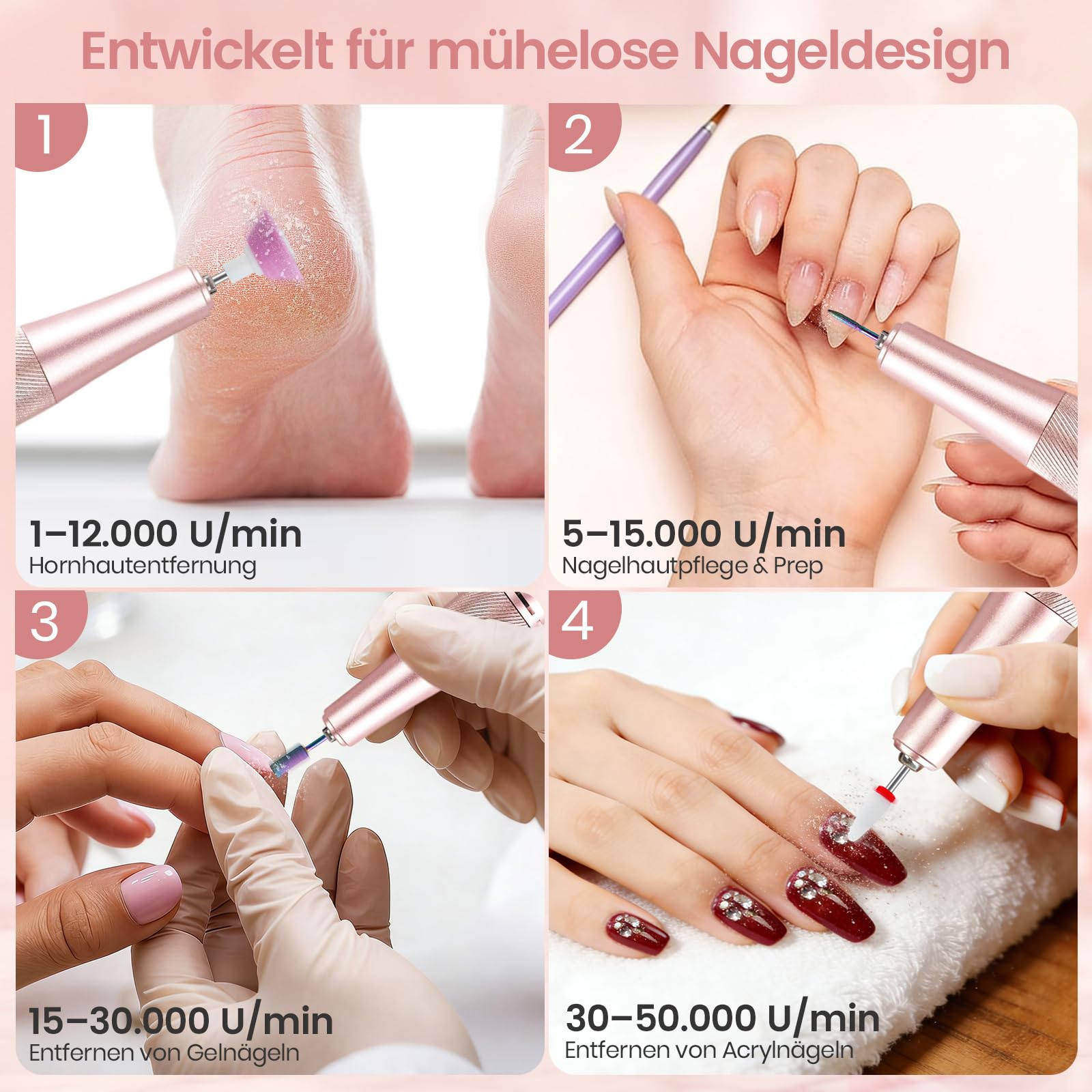 Delanie elektrischer Nagelfräser professionell 50000 U/Min mit Ladestaion, Maniküre Fräser für Nägel & Acrylnägel, tragbarer Nagel Fräser für Gelnägel für Anfänger Zuhause & Salon Profis +12 Nagelbits