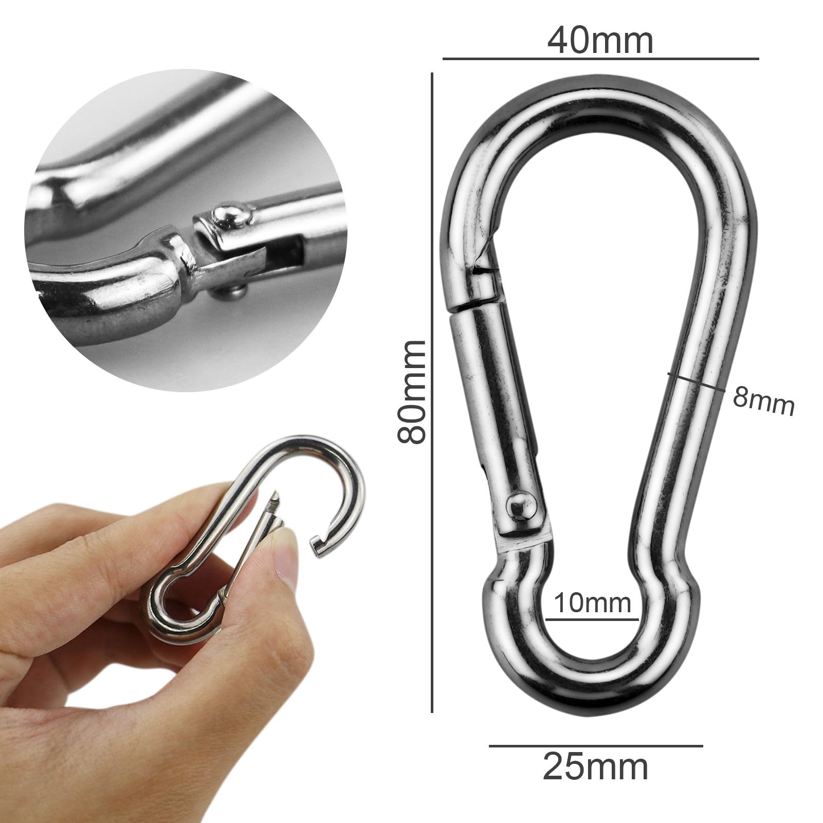 8 Pièces - M8 Mousqueton en Acier Inoxydable 304 - Mousqueton Inox 80mm de Fixation Capacité de Charge de 250 kg/550lb pour Sac à Dos, Camping, randonnée, 80mm x φ8 mm