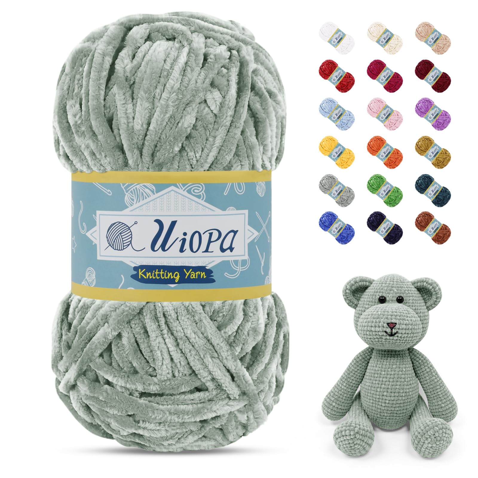 Uiopa 100g/80m Chunky Chenille Yarn, Plush Velvet Yarn Thick Chenille Wool, Gray Green Fluffy Crochet Chunky Wool for Amigurumi Blankets Clothes DIY Crafts — image 1