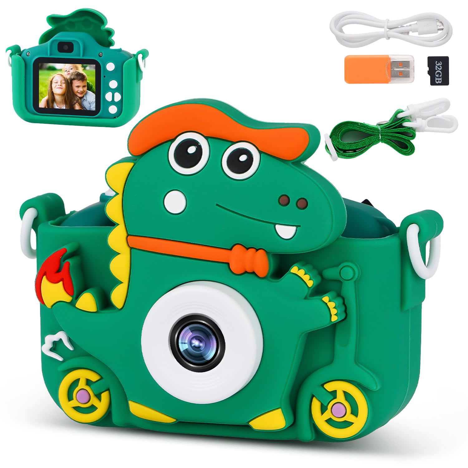 PHNIXGAM Dinosaur Kids Digital Camera, Digital Camera for Toddler Boys Girls Children Selfie Camera with 2 Inch Screen, 32GB Card for Age 3-12 Birthday (Green)