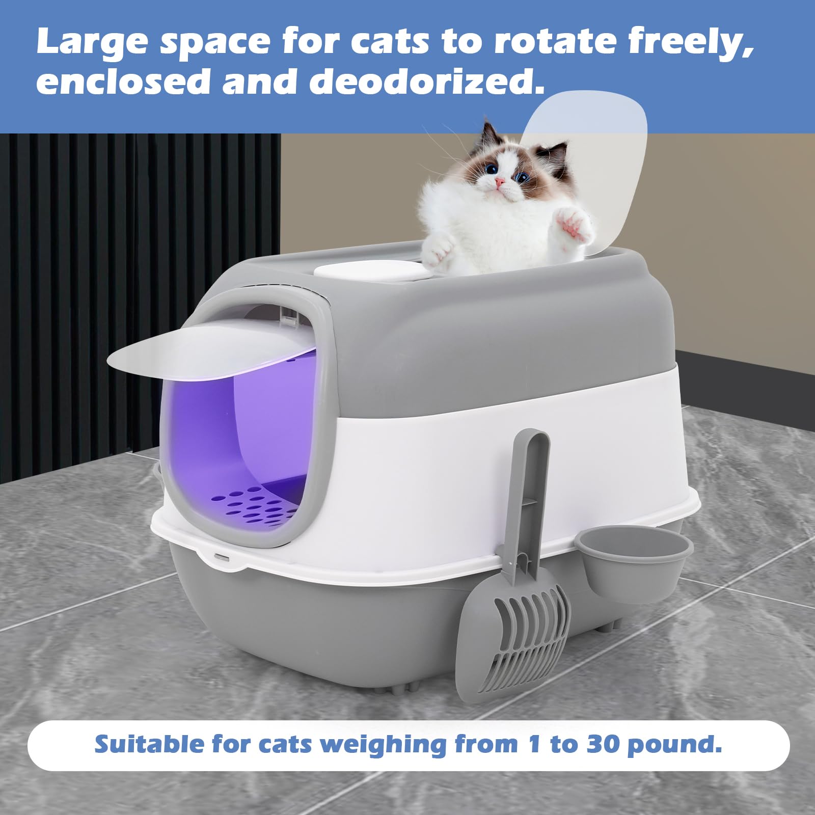 Bandeja de arena para gatos de entrada superior grande con cuchara de arena y cuenco, caja de arena cerrada a prueba de salpicaduras y fugas con función de desodorización de capucha, caja de arena