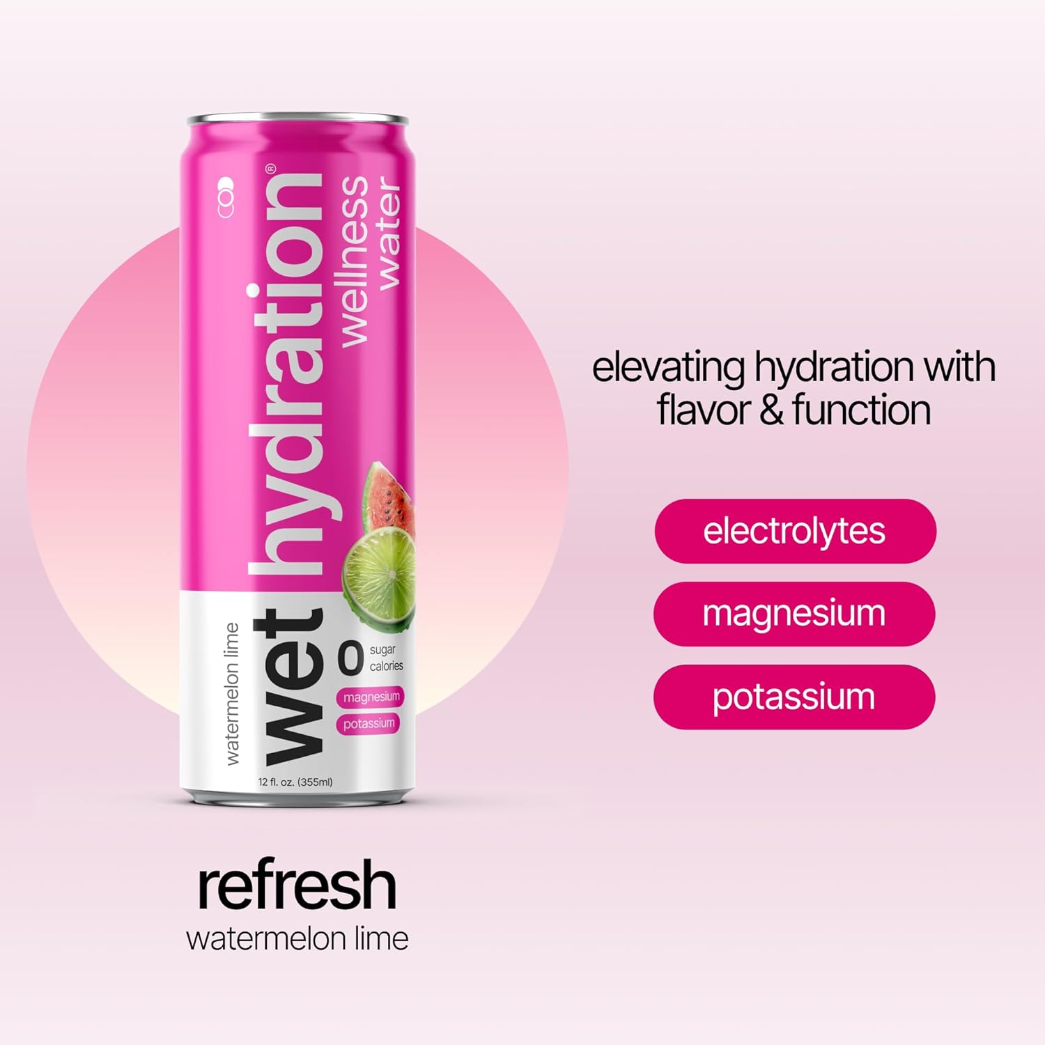 Wet Hydration | Functional Wellness Water, Non-Carbonated - Watermelon Lemon Lime (12 Ounce Cans, Pack of 12) - Flavored Water, Hydration Drink, No Sugar, No Artificial Ingredients, Zero Calories