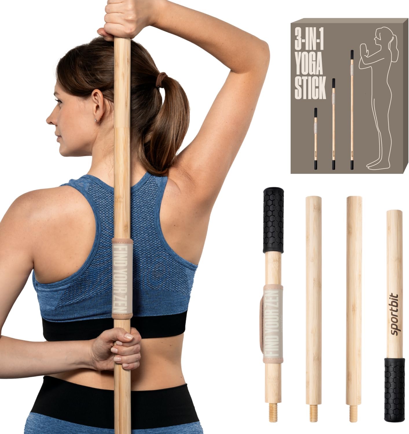 SportBit Bamboo Yoga Stick with Neck Pillow – Collapsible and Portable 5.1FT Mobility Stick and Exercise Stick – Fully Adjustable Yoga Accessories Perfect for Stretching, Posture Correction, Balance